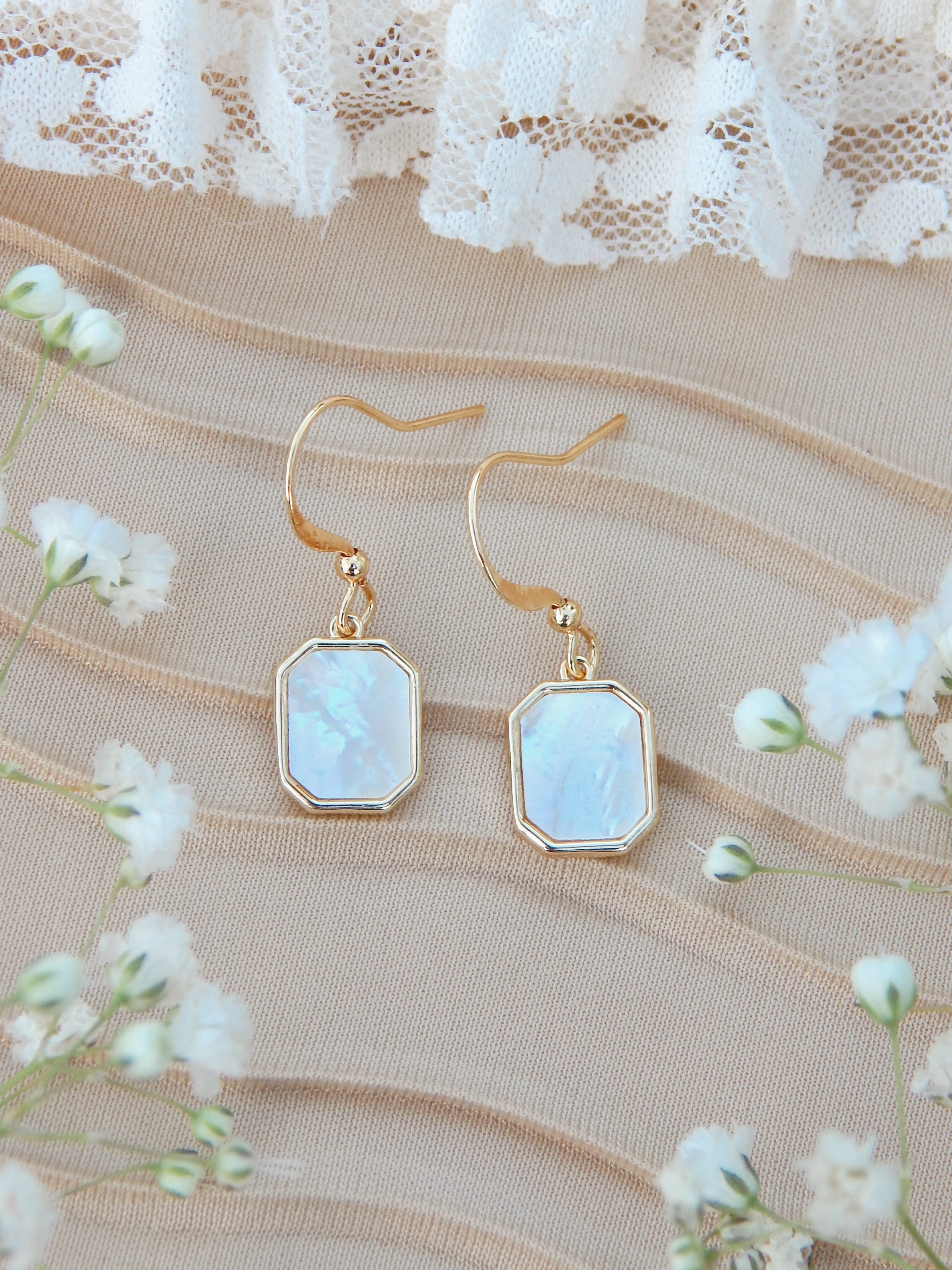 Evelyn Earrings – Gold Octagon Mother of Pearl Drops