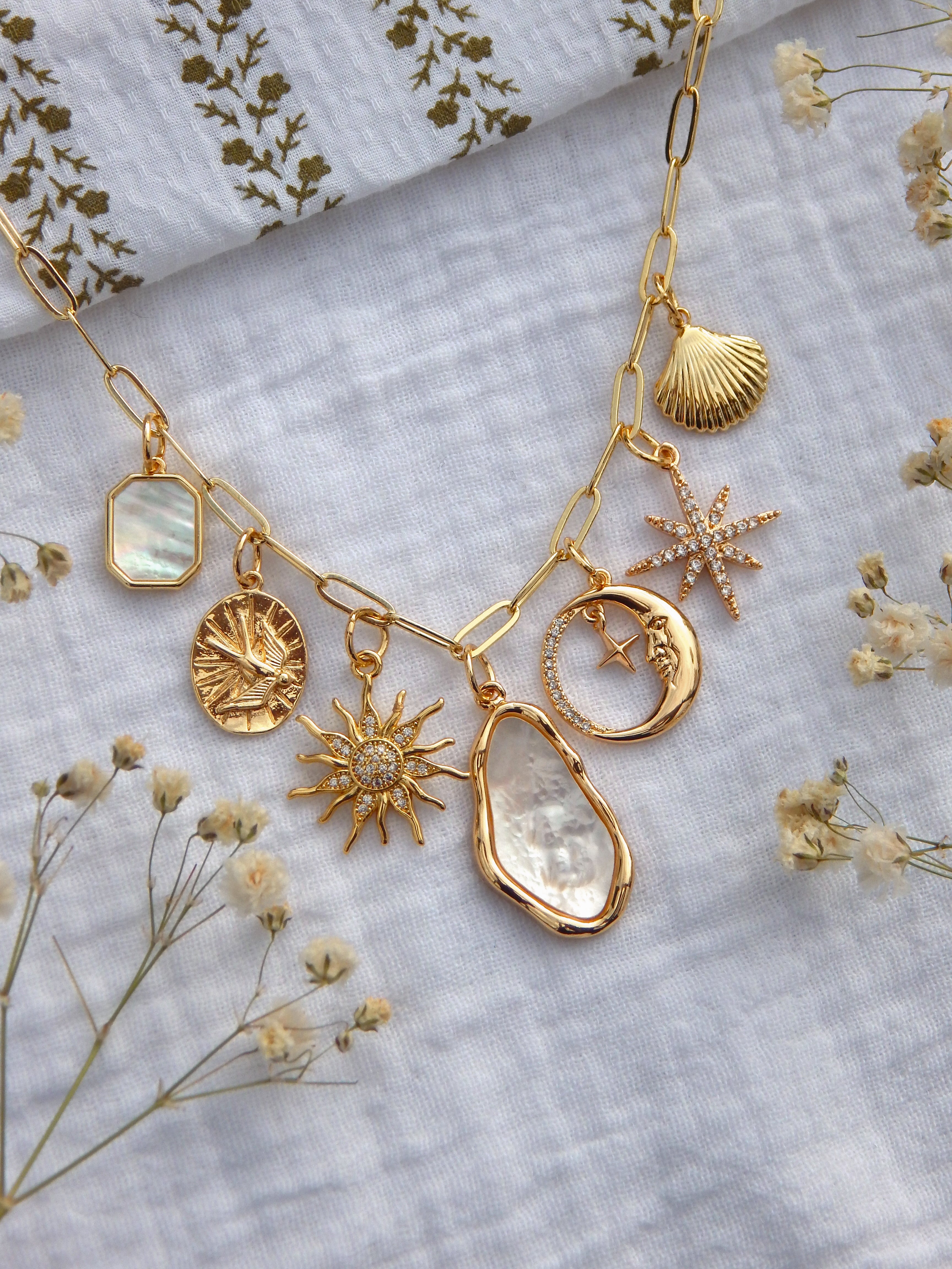 One-of-a-Kind Coastal Celestial Charm Necklace | Mother of Pearl Pendant | CZ Sun & Starburst | Moon & Star Charm | Gold Bird & Seashell | 18β Paperclip Chain