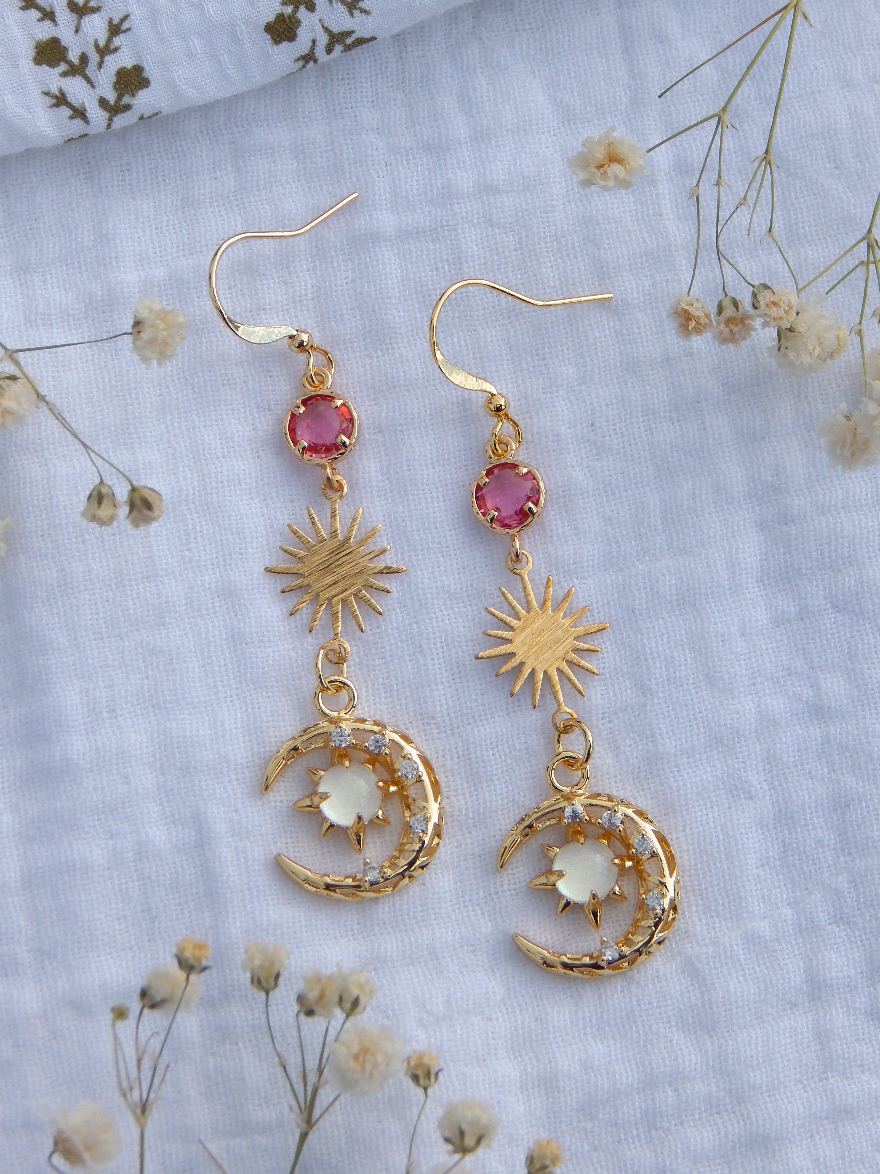Dreamy Cosmos Dangle Earrings | Pink Opal or Deep Pink | Celestial Sun & Moon Earrings | CZ Sparkle | Hypoallergenic Jewelry