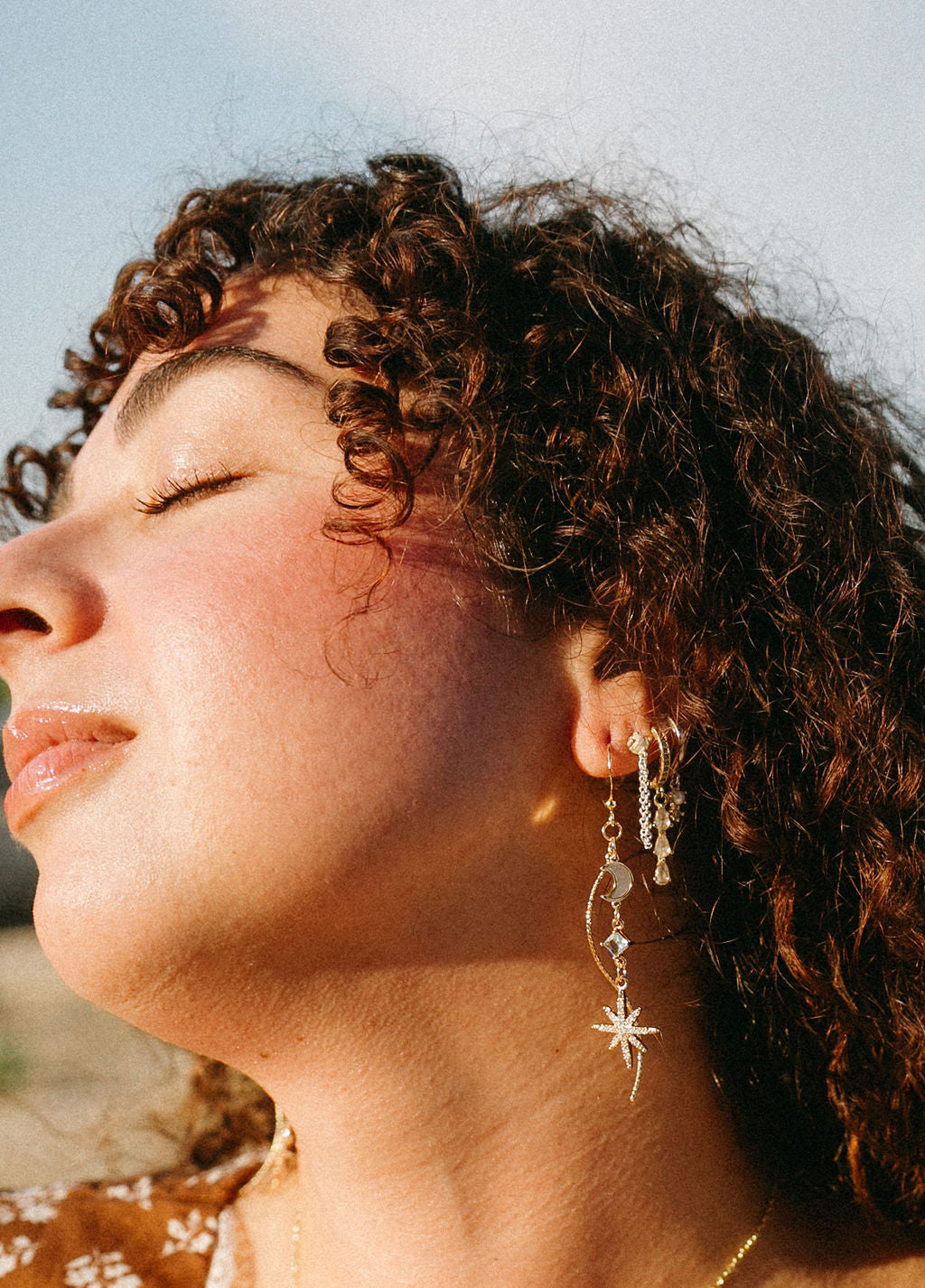 Celestial Cascade Earrings – Gold Star & Moon Dangles with CZ, Mother of Pearl & Twisted Bar Accent