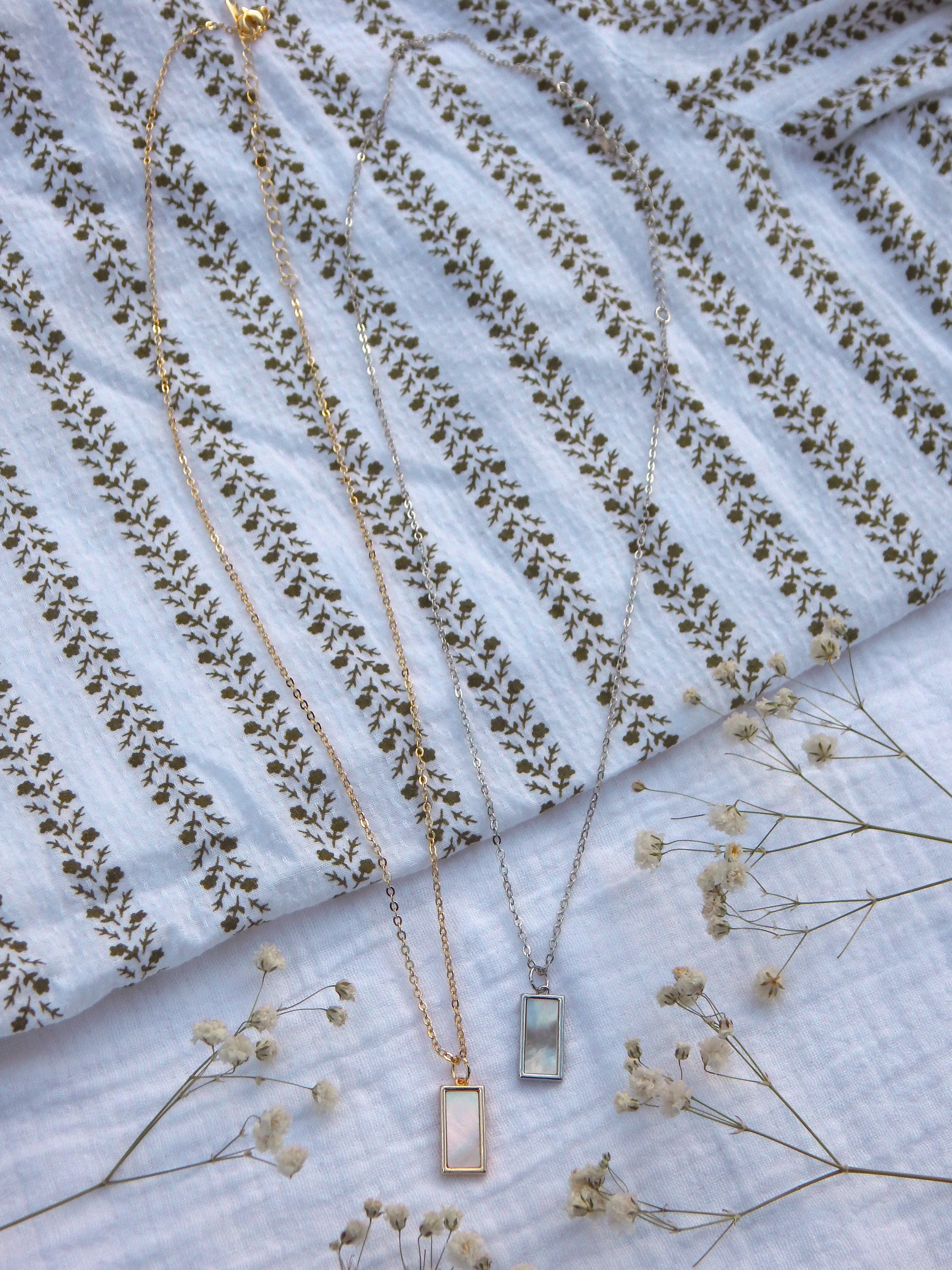 Alice Necklace — Minimalist Mother of Pearl Rectangle Pendant