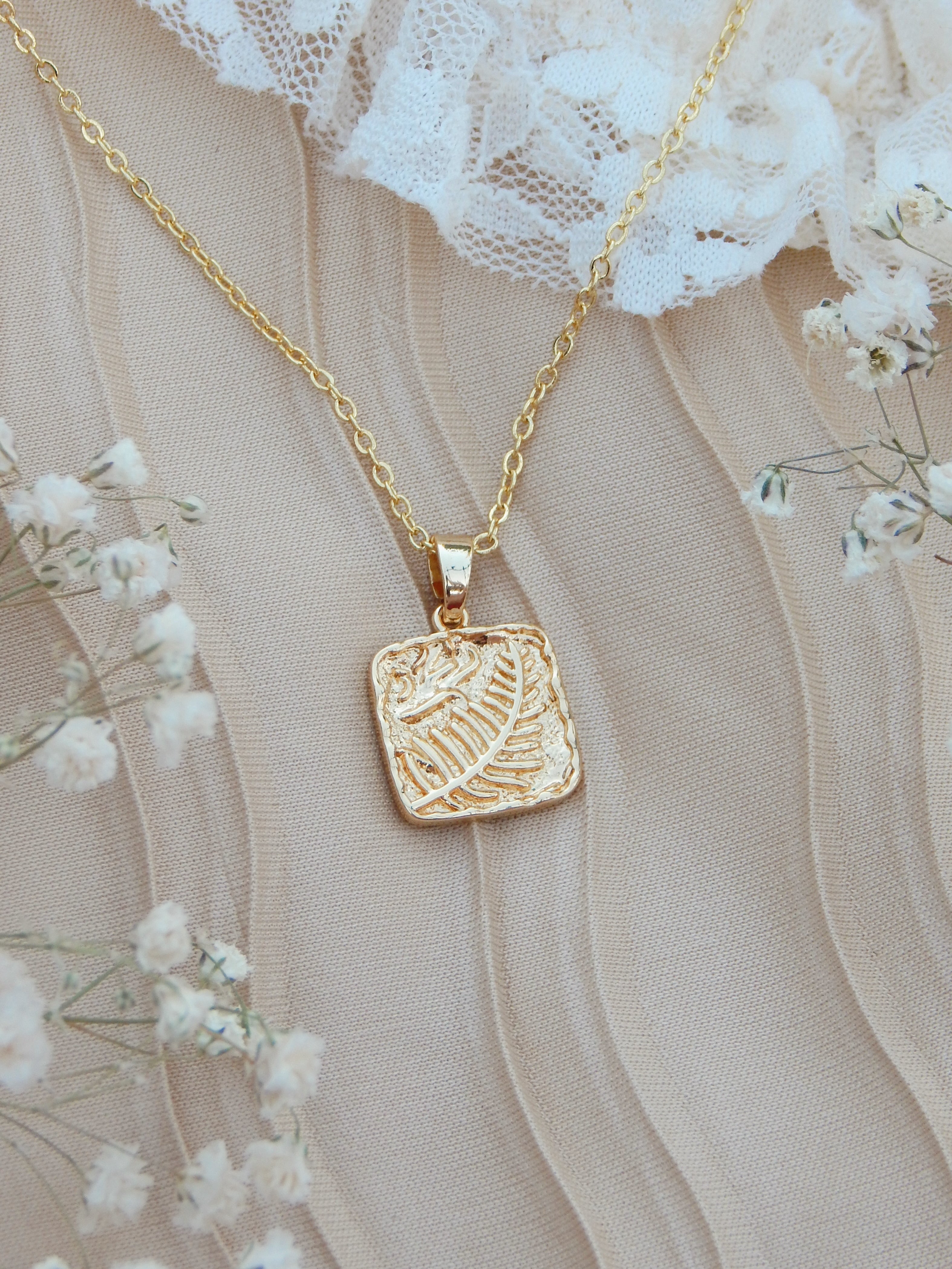 Fern Necklace – 18k Gold Plated Textured Square Nature-Inspired Pendant Necklace