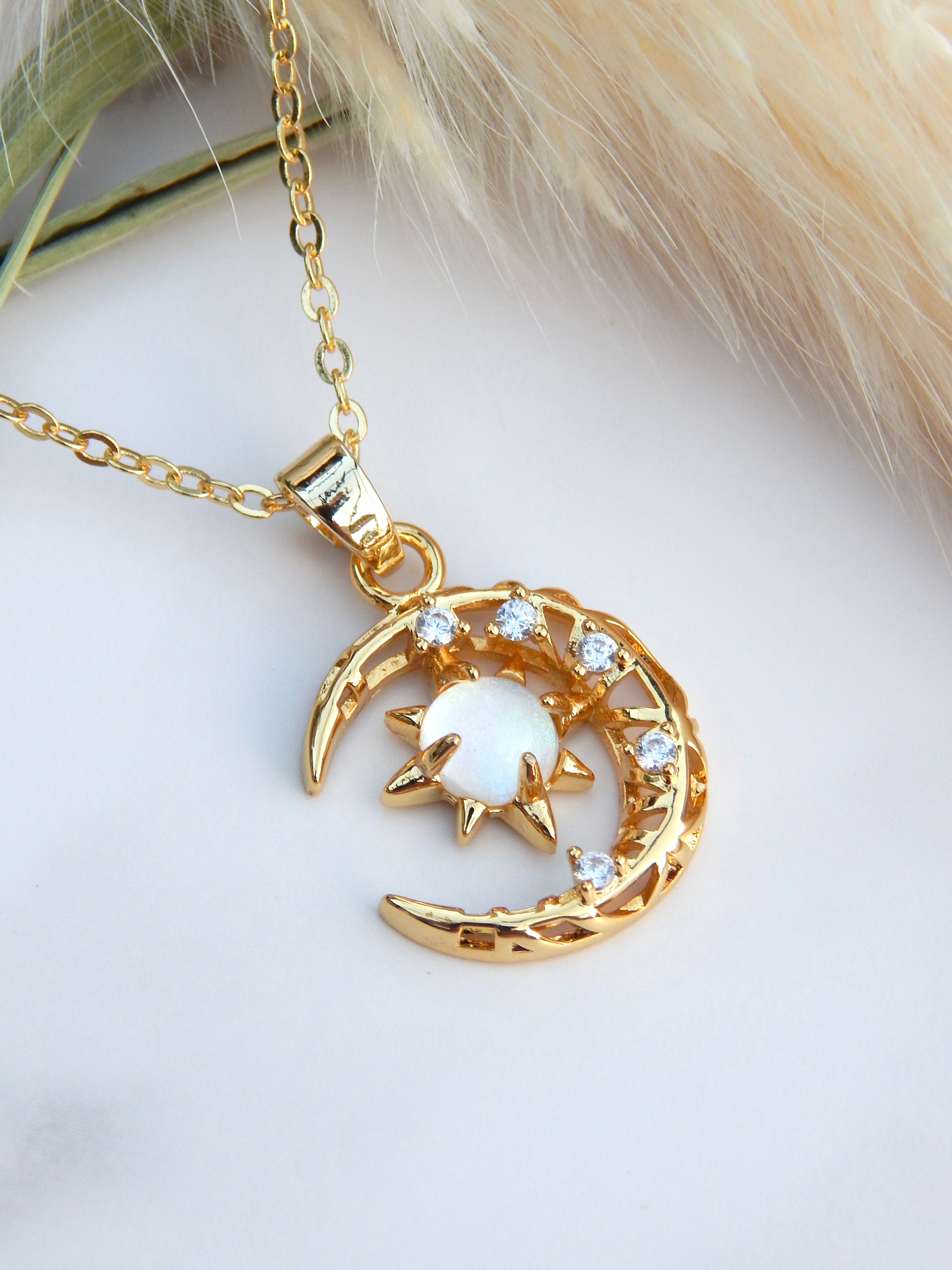 Cosmos Glow Necklace – Sun, Moon & Crystal Pendant in Silver or Gold