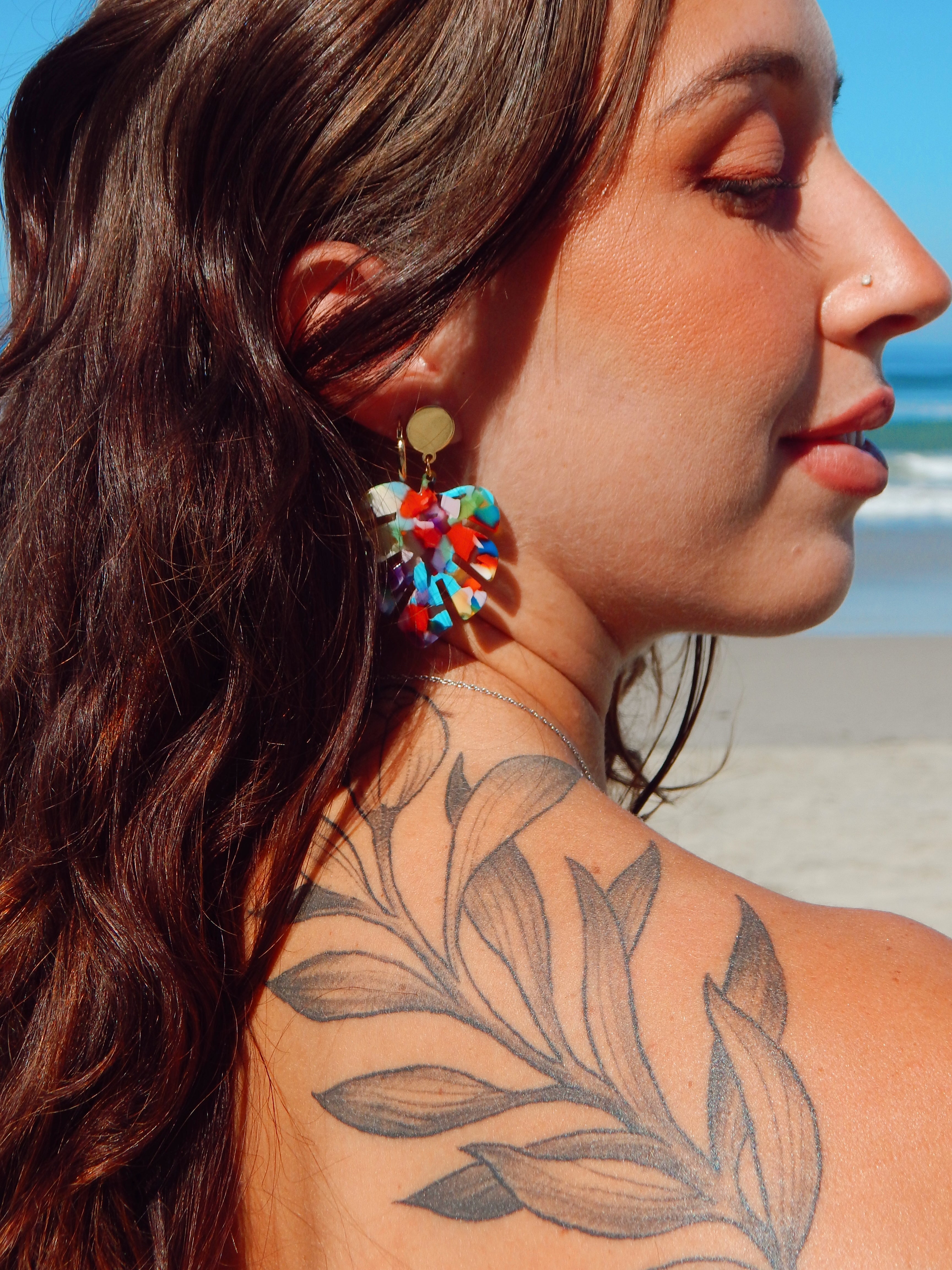 Rainbow Monstera Earrings – Bold Statement Gold Studs with Colorful Resin Leaf Design