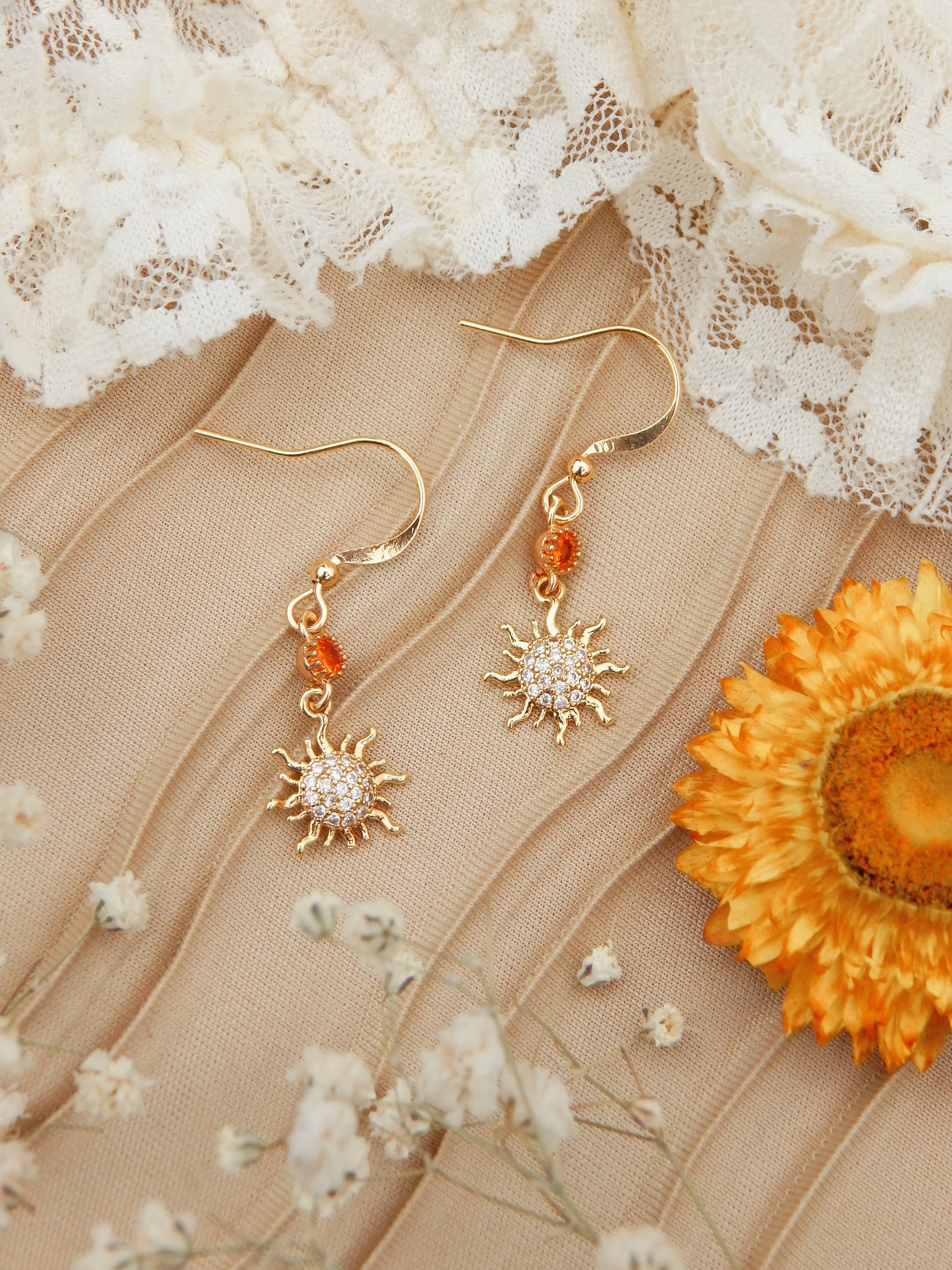 Golden Sunshine Dangle Earrings – 18k Gold Plated Sun Charms with Orange Cubic Zirconia Glow