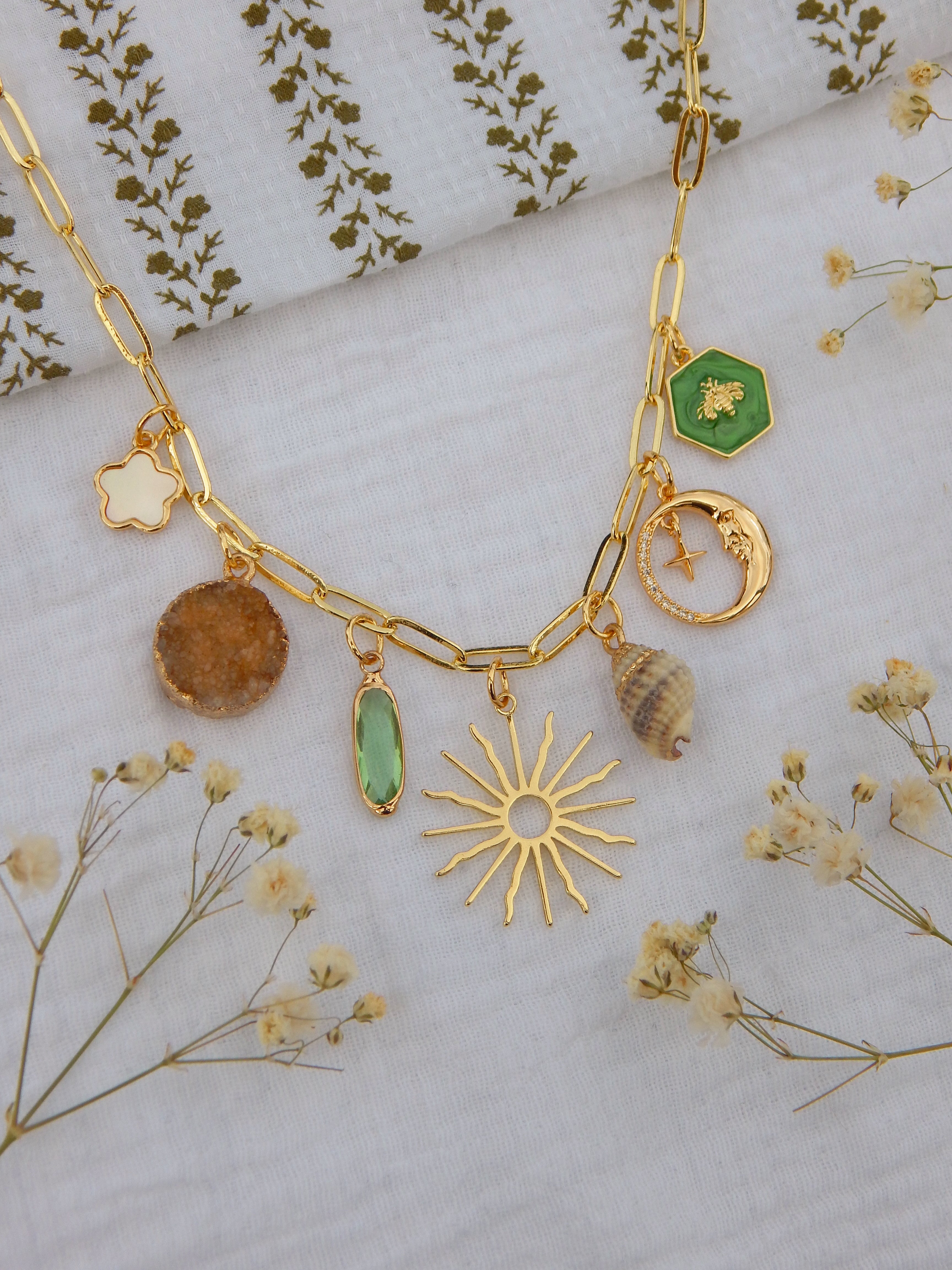 One-of-a-Kind Earthy Charm Necklace | Sunburst & Moon Necklace | Druzy Stone, Seashell & Bee Charm Pendant | 18” Gold Paperclip Chain
