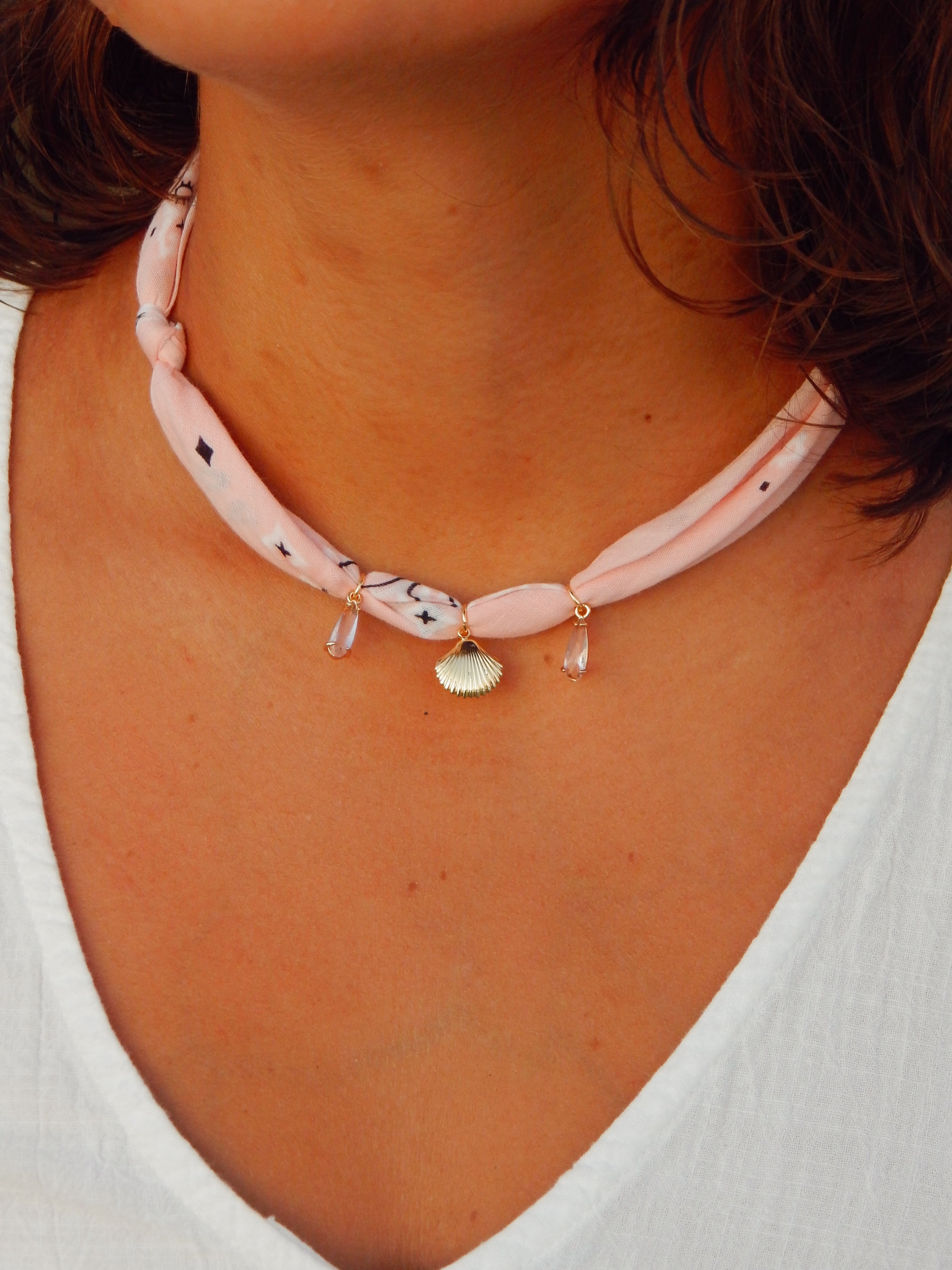 Sea of Light Bandana Charm Necklace – Adjustable 20” Max | 18k Gold Shell & Lucite Drops