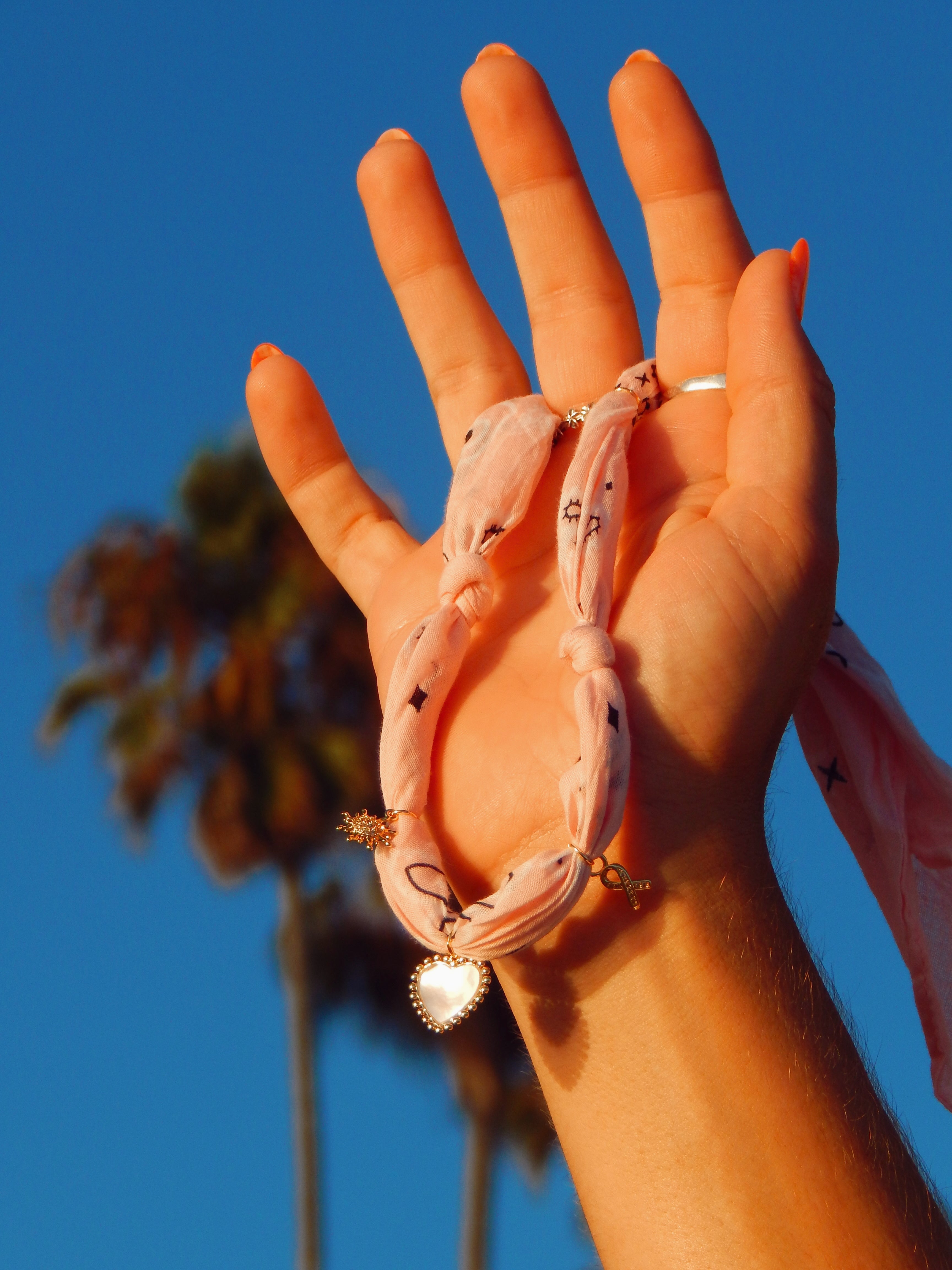 Pink Sunrise Bandana Charm Necklace – Adjustable 20” Max | Mother of Pearl Heart & 18k Gold Accents