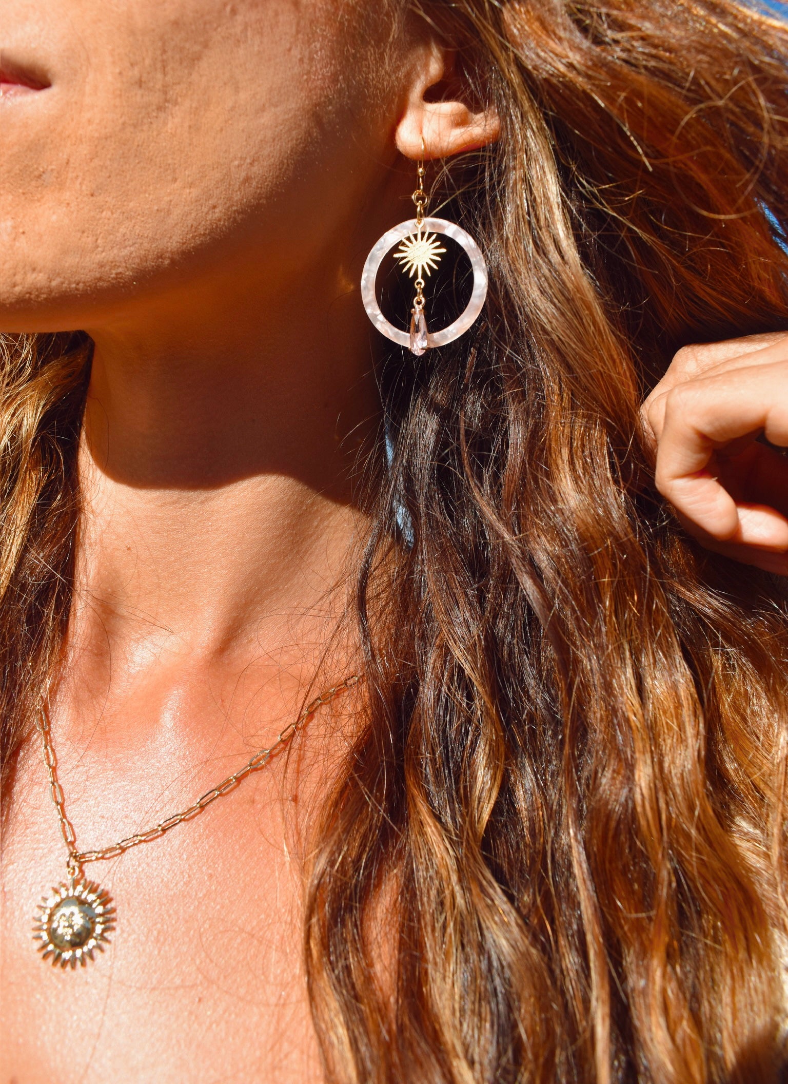 Sunlit Glow Hoop Earrings – Pink Marble Resin with Brass Sunburst & Blush Lucite Drop
