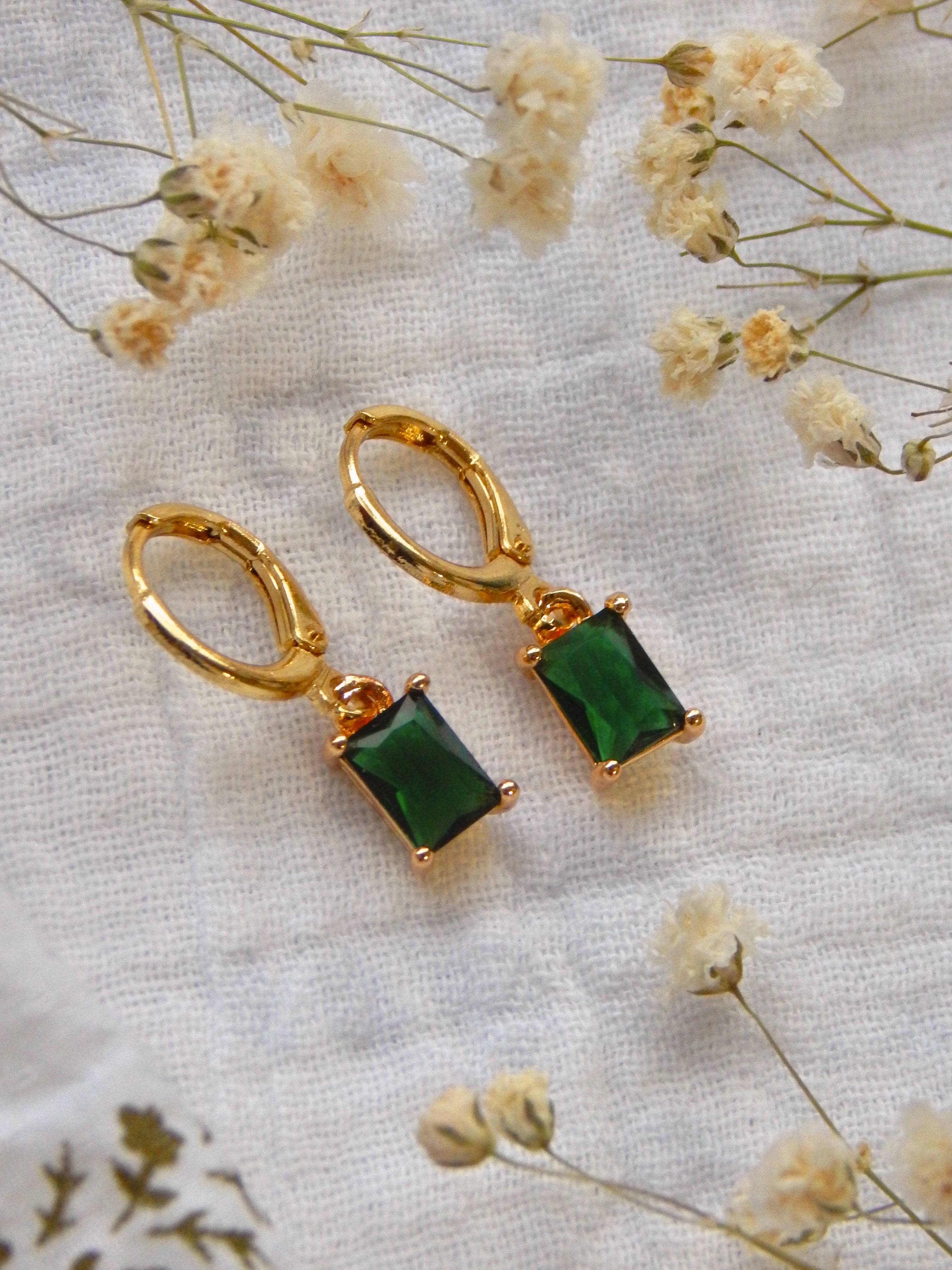 Green CZ Rectangle Huggie Earrings – Gold Cubic Zirconia Drop Hoops | Lightweight Hypoallergenic Jewelry
