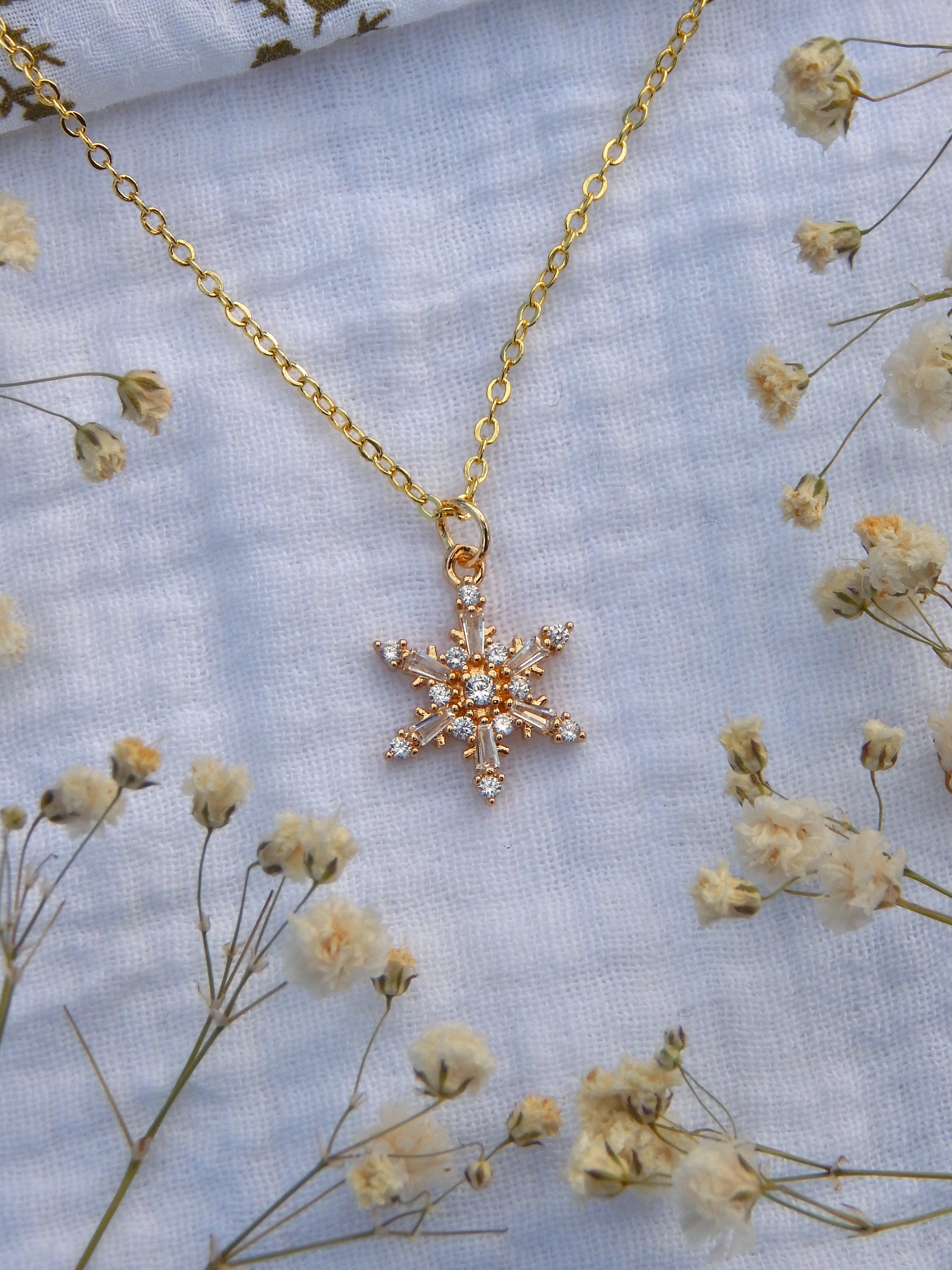 CZ Snowflake Necklace Gold | Dainty Winter Pendant | Hypoallergenic Tarnish Resistant Jewelry