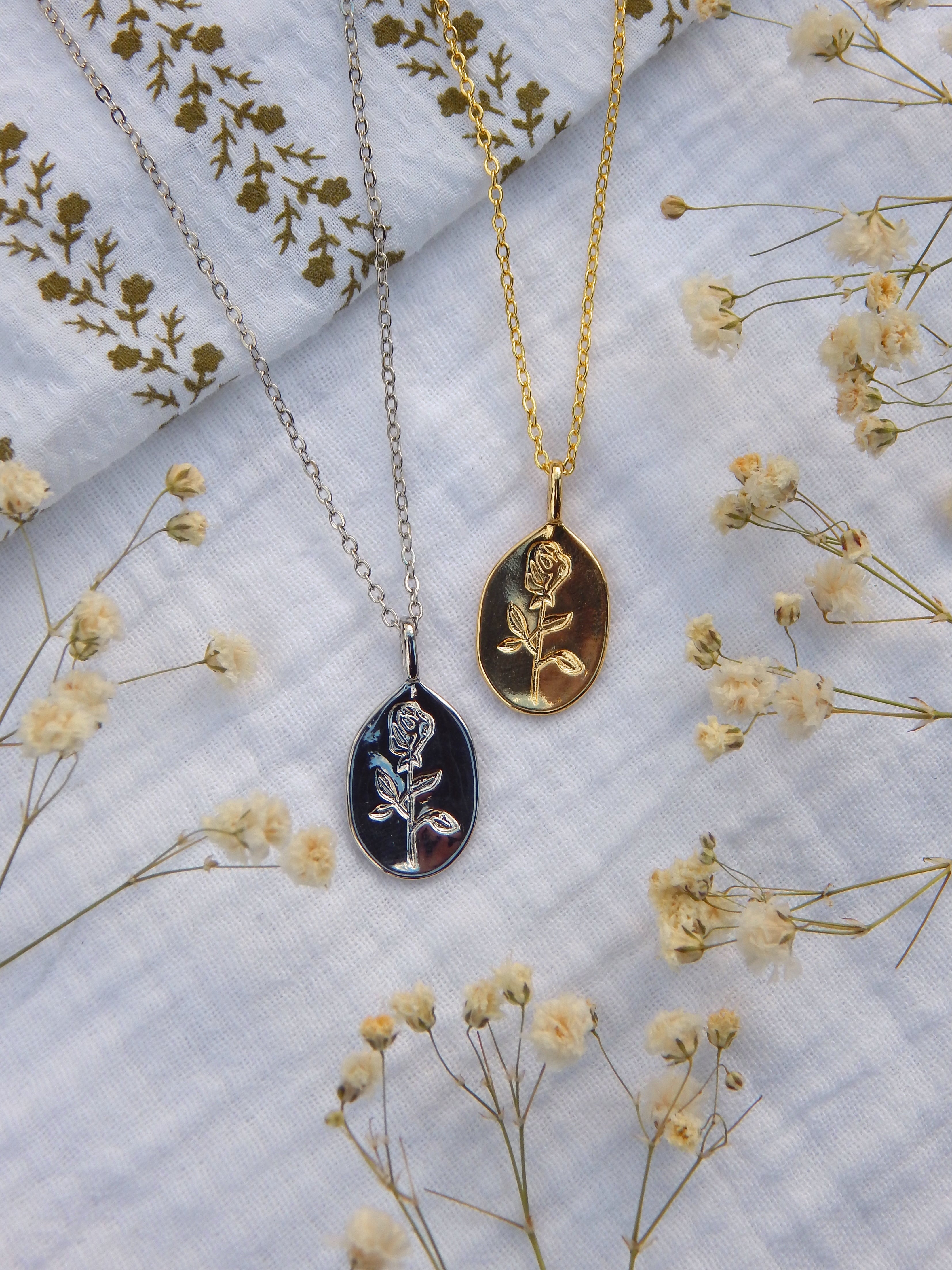 Rose Imprint Pendant Necklace | Gold or Silver Engraved Rose Necklace | Dainty Hypoallergenic Jewelry