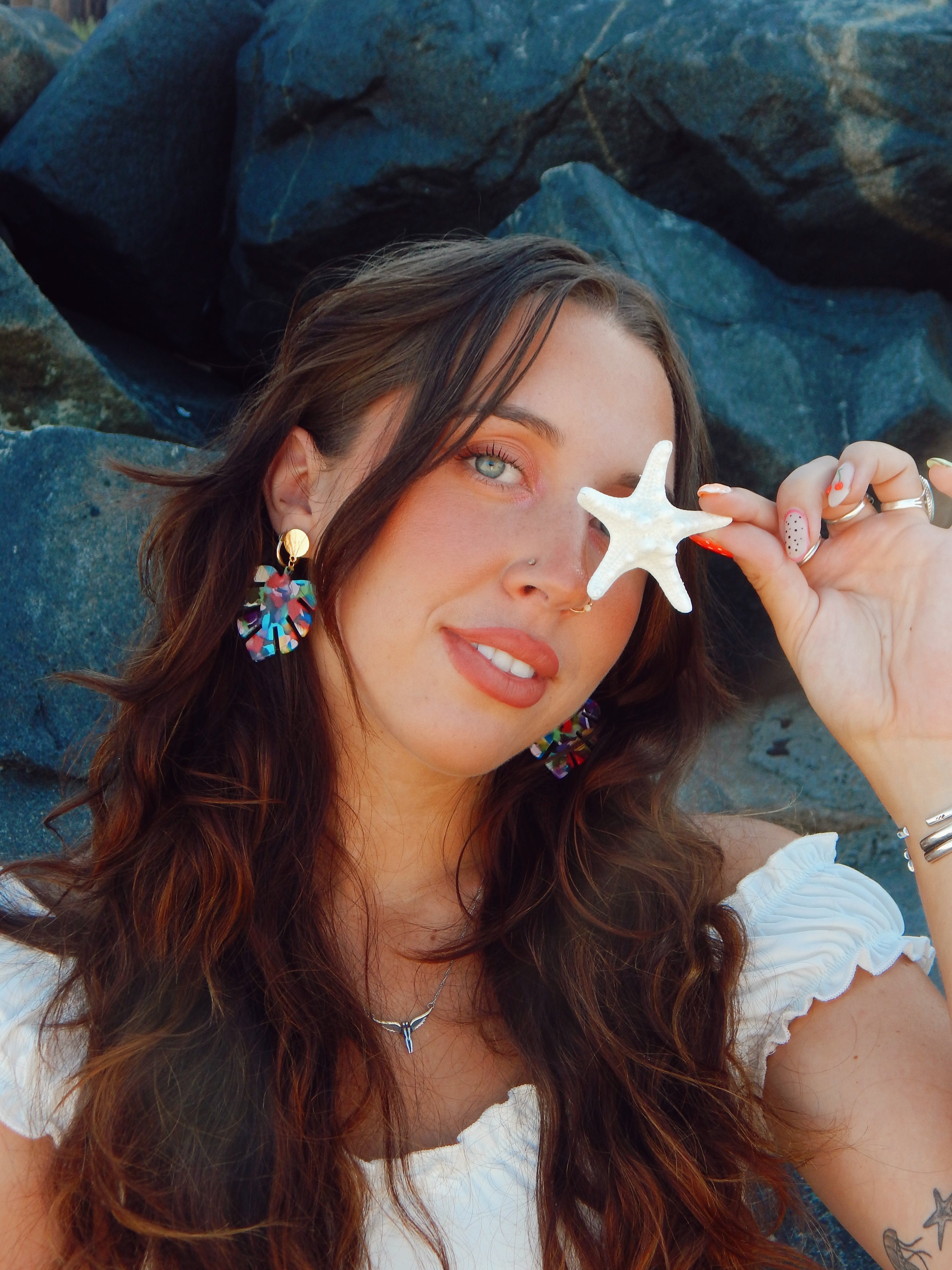 Rainbow Monstera Earrings – Bold Statement Gold Studs with Colorful Resin Leaf Design