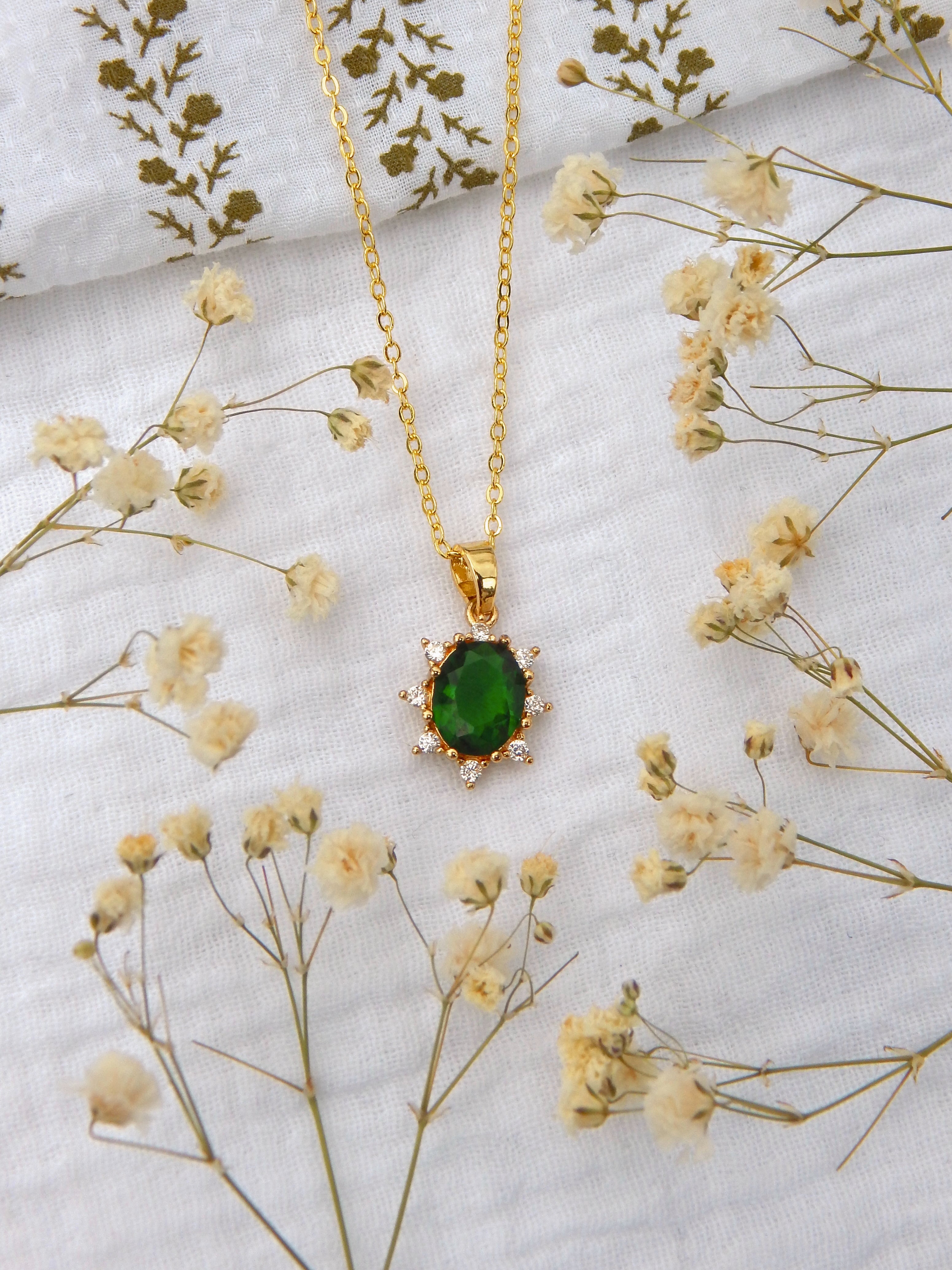 Emerald Sunburst CZ Necklace — Gold, Dainty Green Pendant (Hypoallergenic)