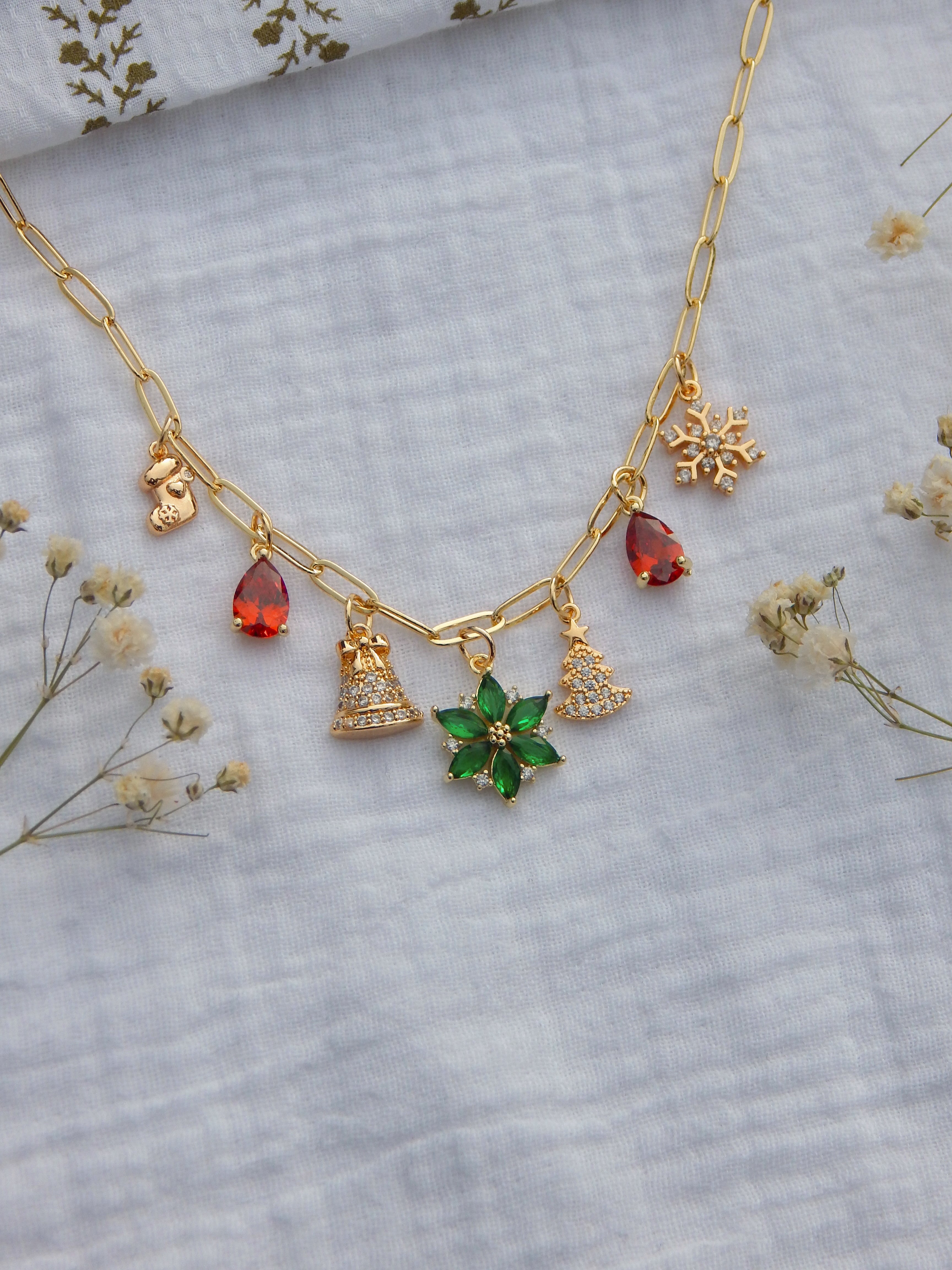 One-of-a-Kind Christmas Charm Necklace | Holiday Pendant Chain | CZ Snowflake, Poinsettia & Bell Charms | Festive Gold Christmas Jewelry