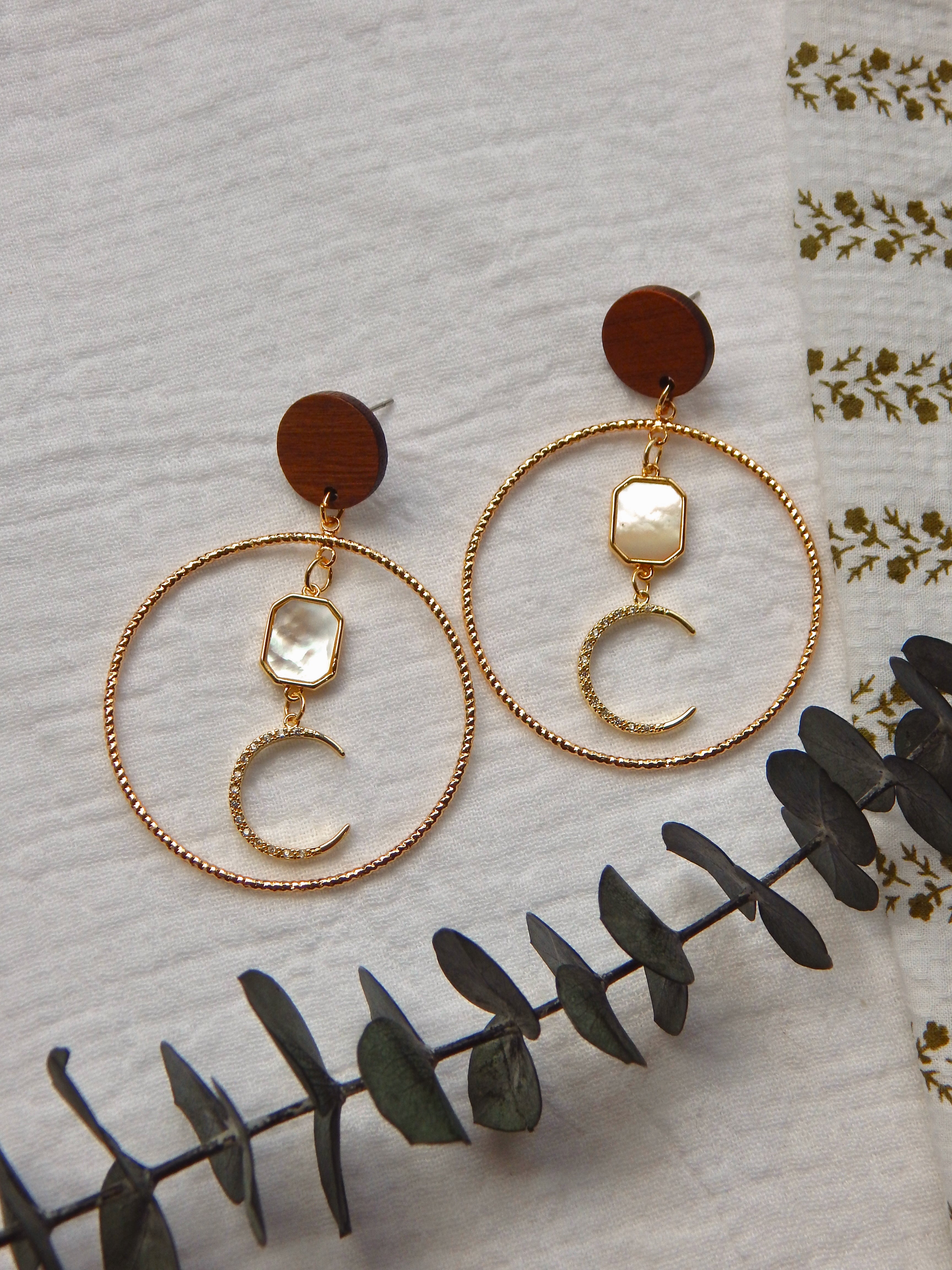 Statement Moon Hoop Earrings – Mother of Pearl Octagon & CZ Moon Charm on Natural Wood Studs