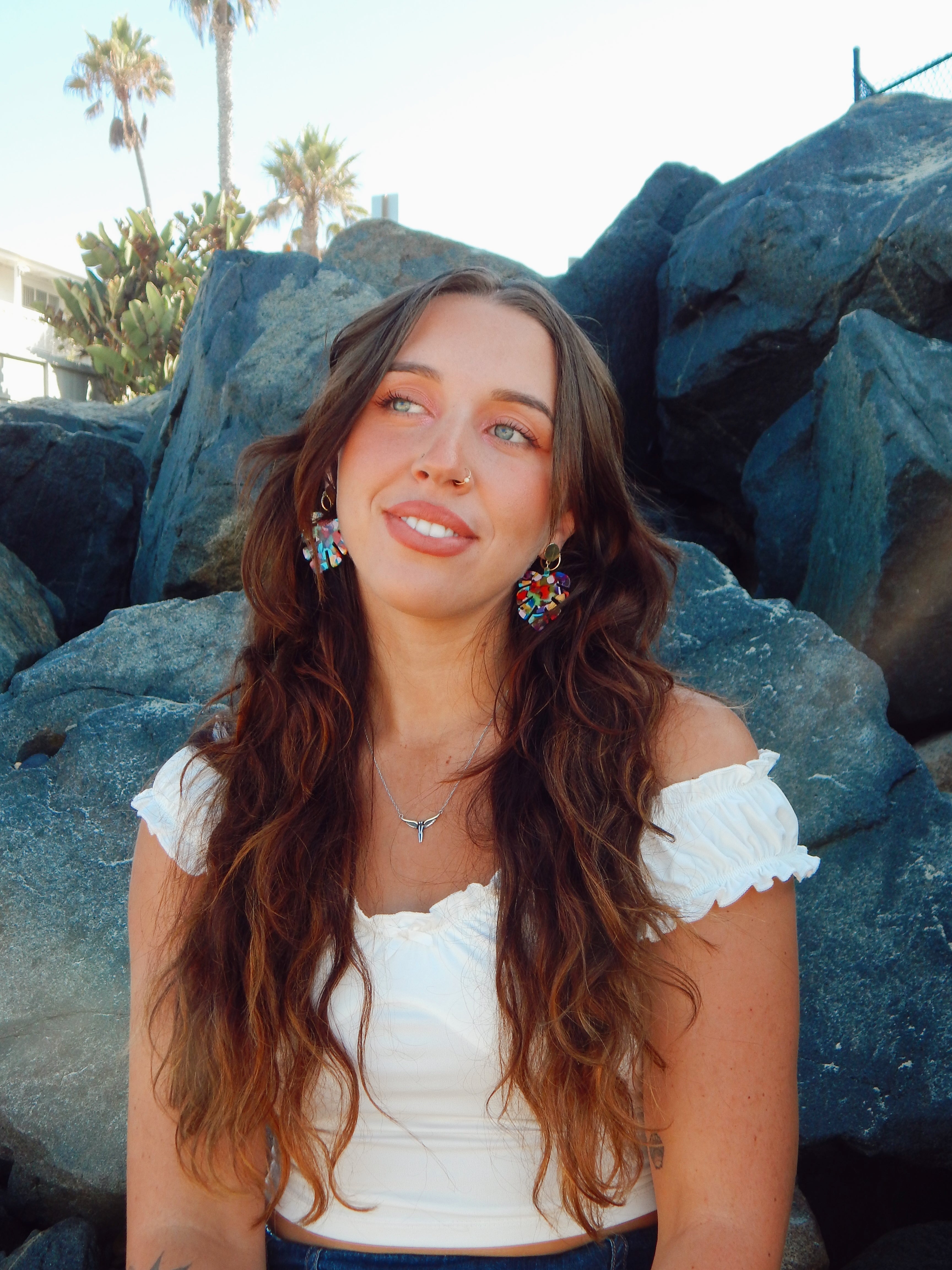 Rainbow Monstera Earrings – Bold Statement Gold Studs with Colorful Resin Leaf Design