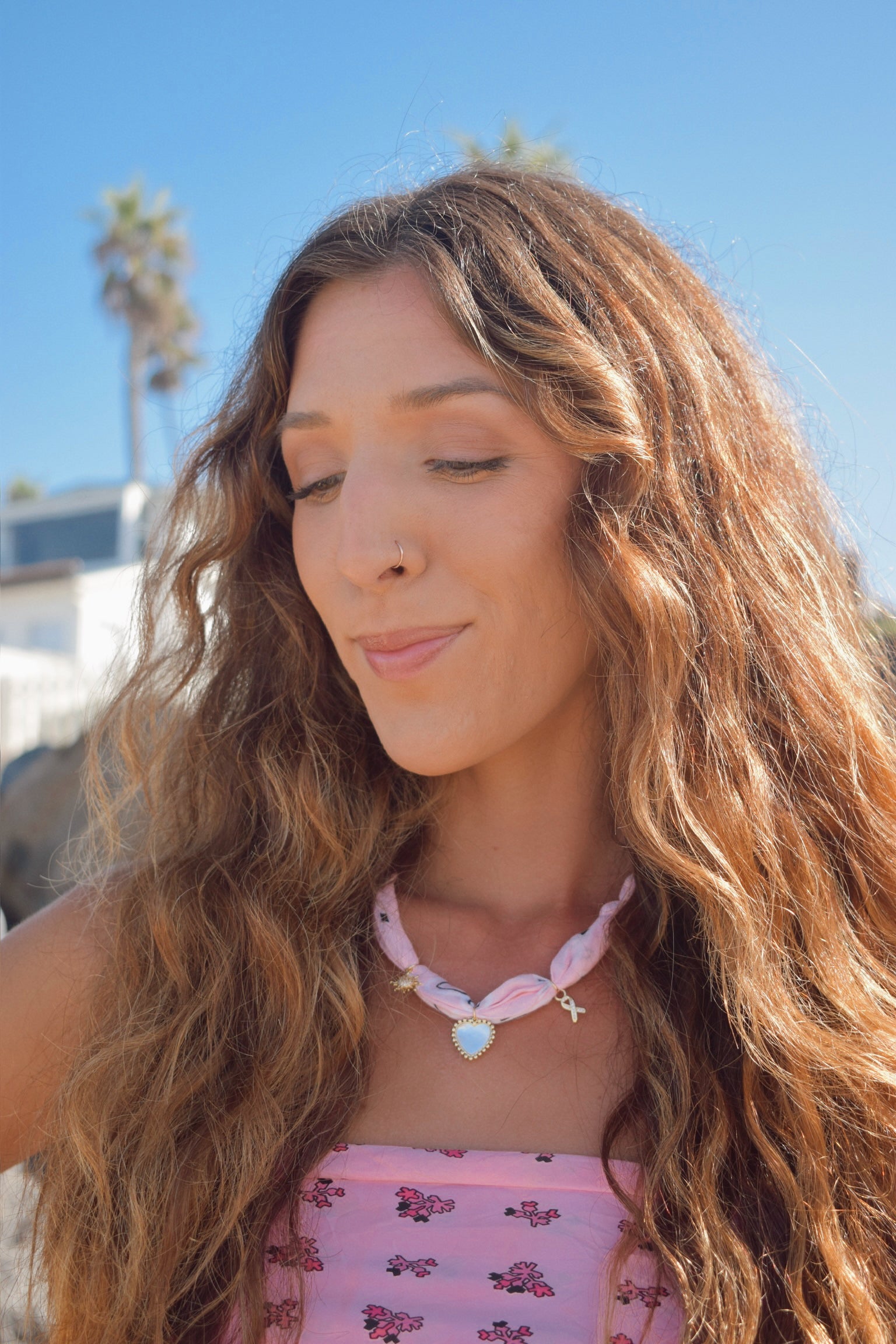 Pink Sunrise Bandana Charm Necklace – Adjustable 20” Max | Mother of Pearl Heart & 18k Gold Accents