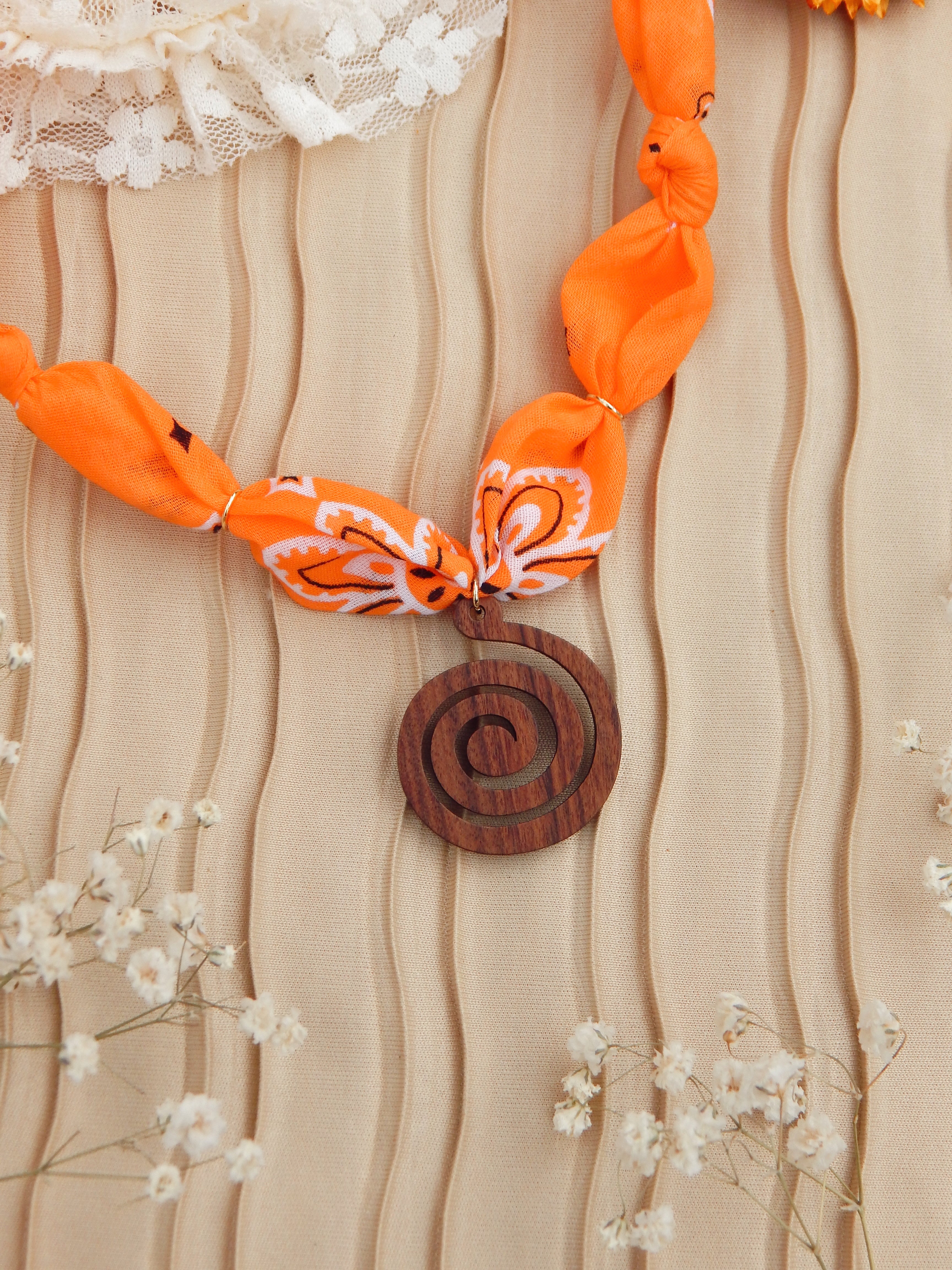 Spiral of Light Bandana Charm Necklace – Adjustable 20” Max | Natural Wood & Gold Accents