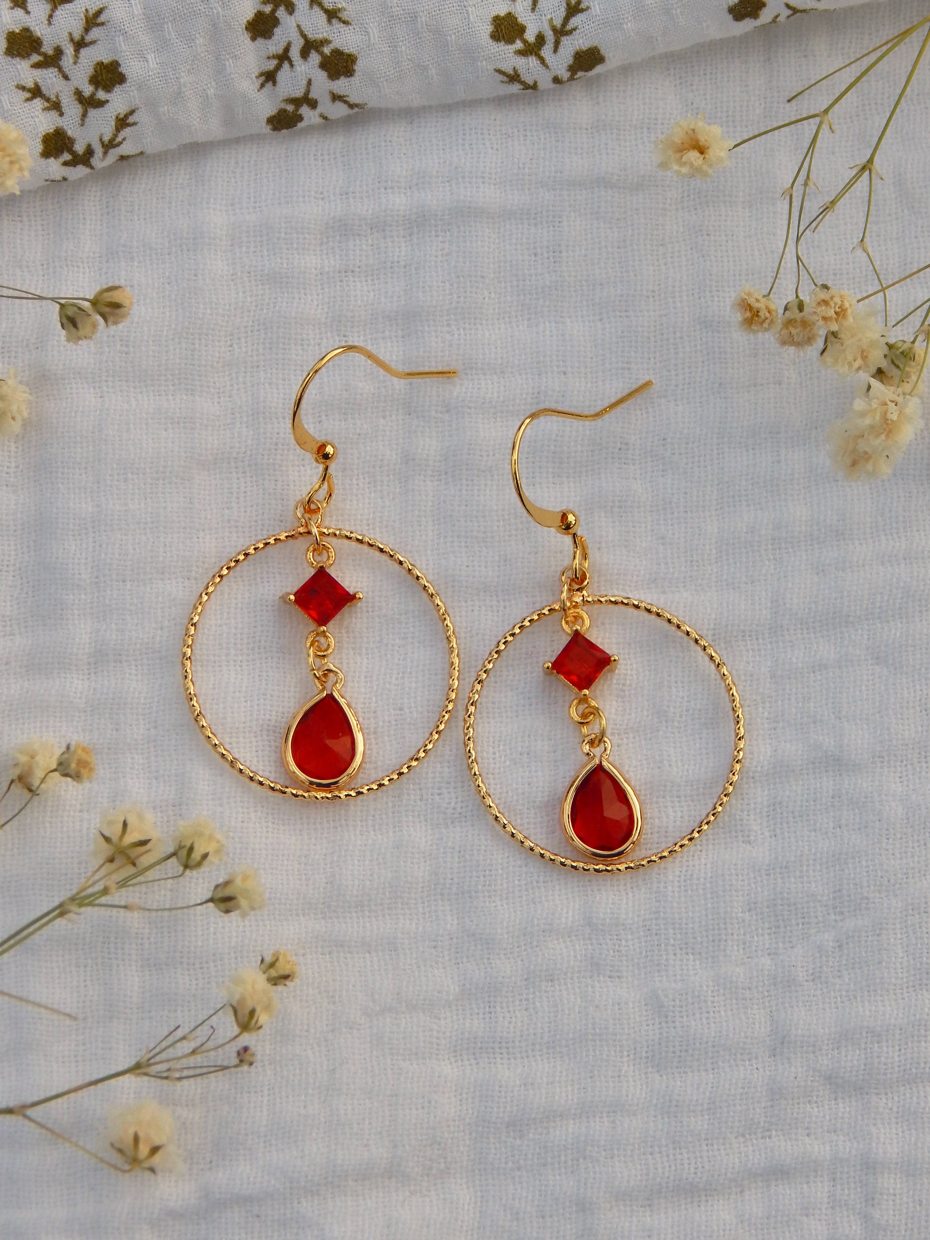 Red CZ Hoop Drop Earrings – Diamond CZ Top & Hardened Glass Teardrop | Lightweight Hypoallergenic Jewelry