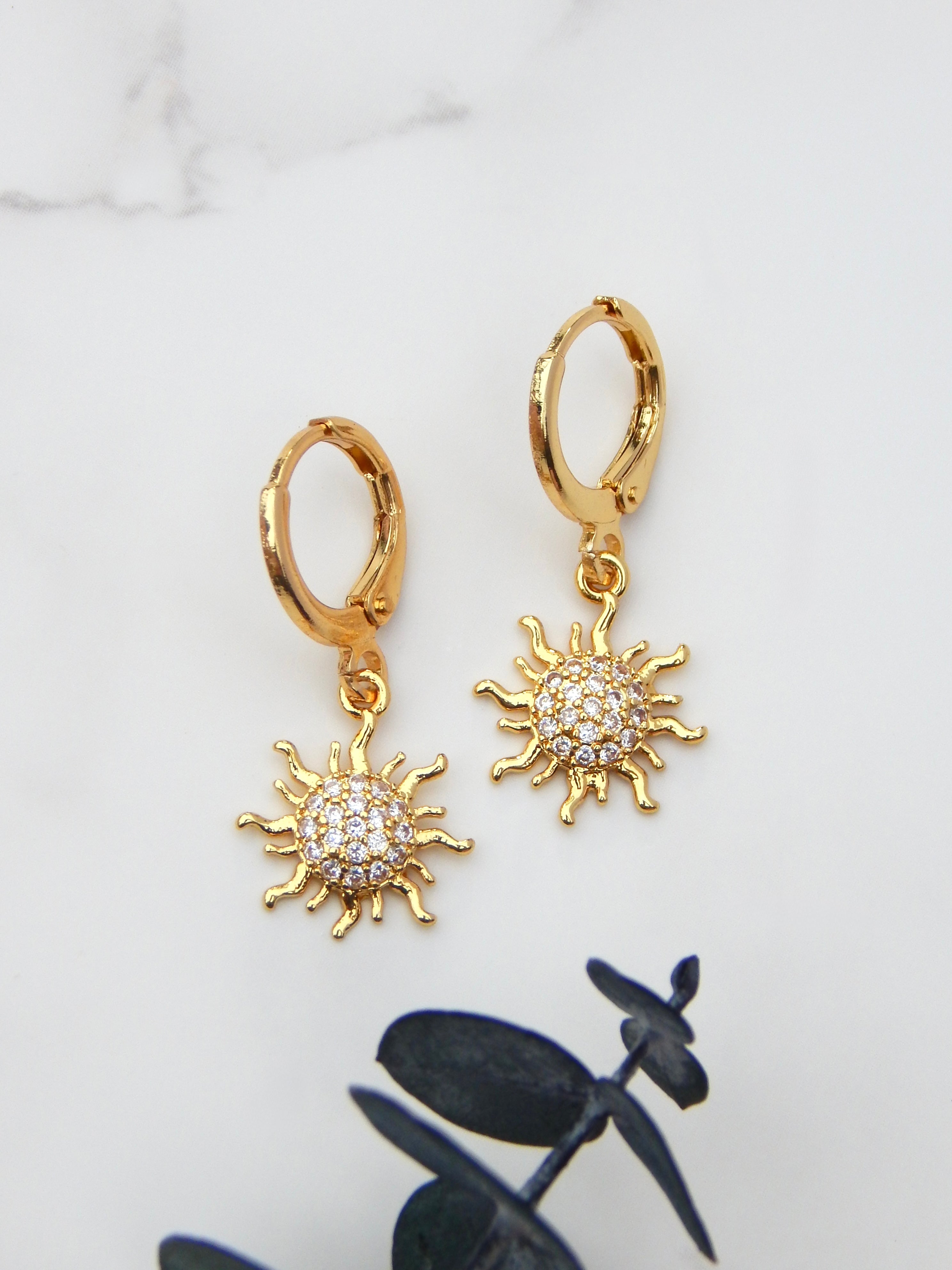 Dawn Earrings – Gold Sun Huggies with Cubic Zirconia Charm