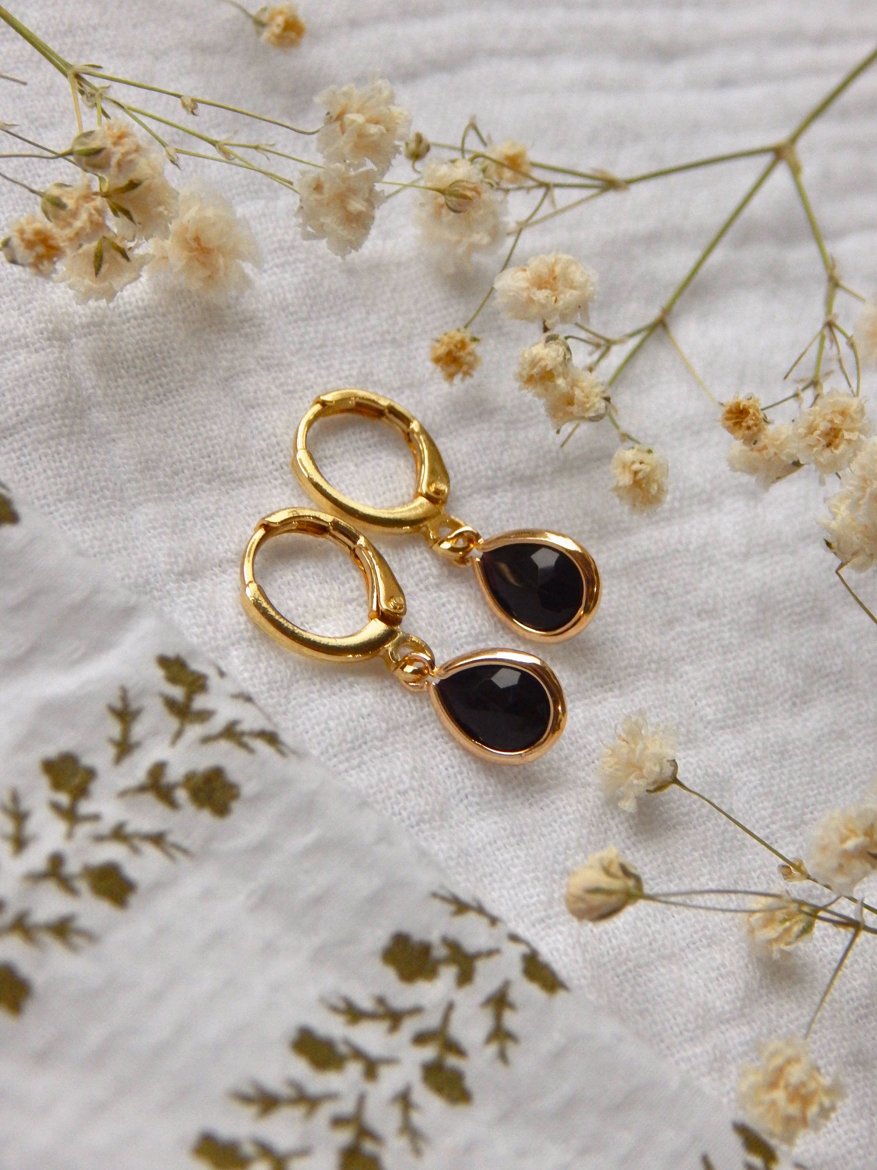 Black Glass Teardrop Huggie Earrings – Hardened Glass Drop Hoops | Lightweight Hypoallergenic Gold Jewelry