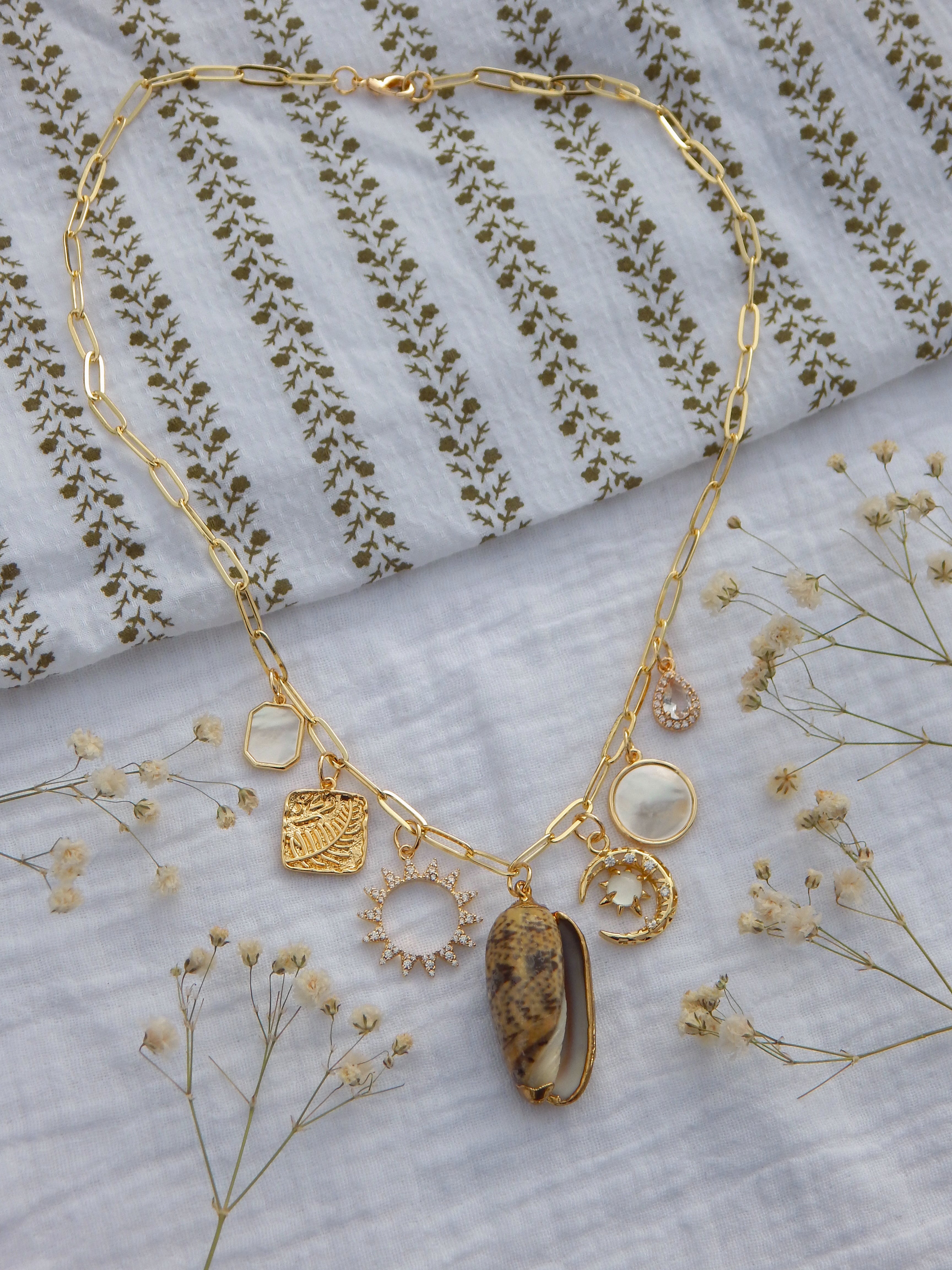 One-of-a-Kind Coastal Sun & Moon Charm Necklace | Natural Seashell Pendant | CZ Sunburst & Teardrop | Mother of Pearl Charms | 18β Gold Paperclip Chain