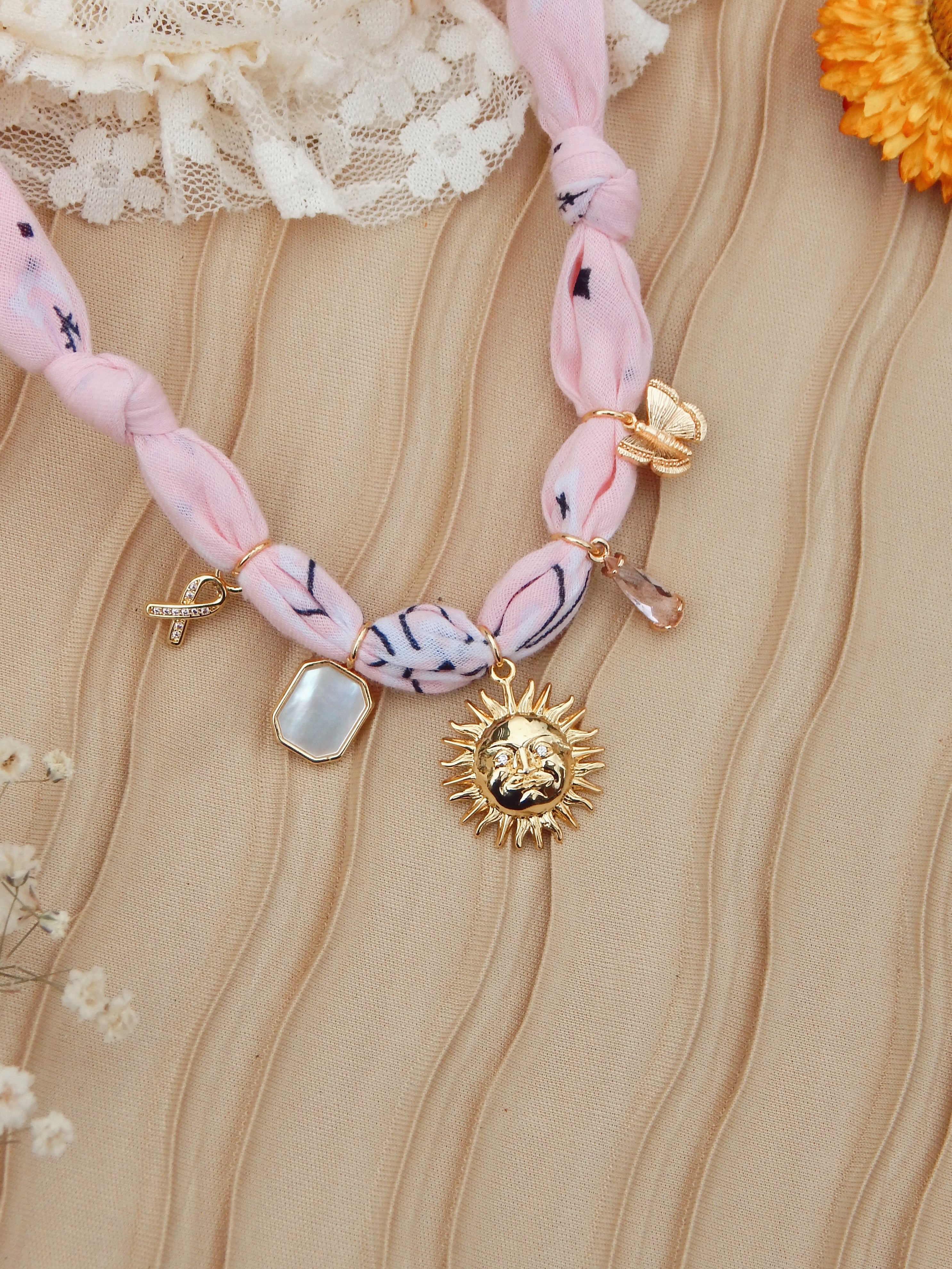 Ray of Hope Bandana Charm Necklace – Adjustable 20” Max | 18k Gold Accents & Mother of Pearl