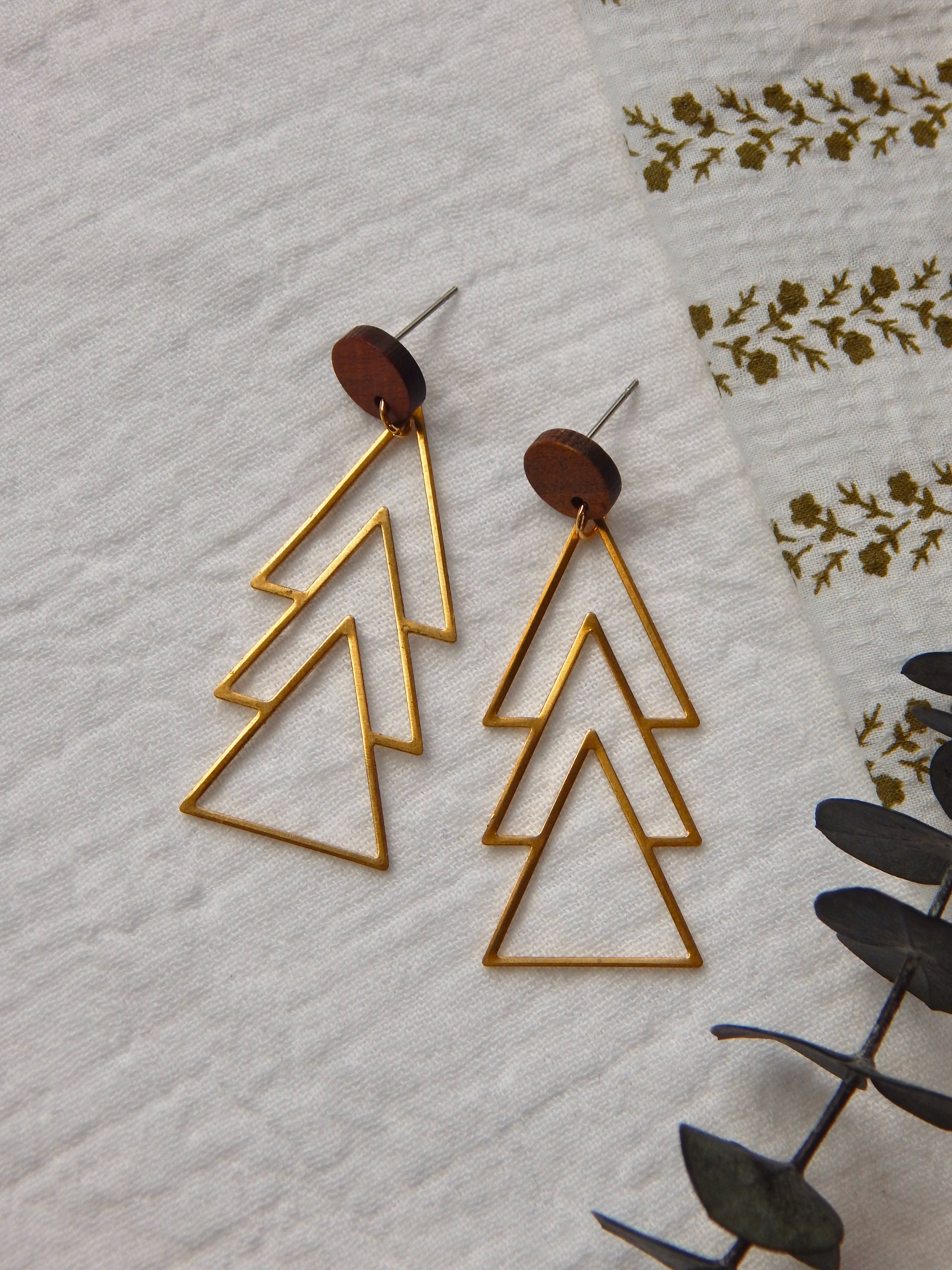 Raw Brass Boho Tree Earrings – Geometric Layered Triangle Drops on Natural Wood Studs