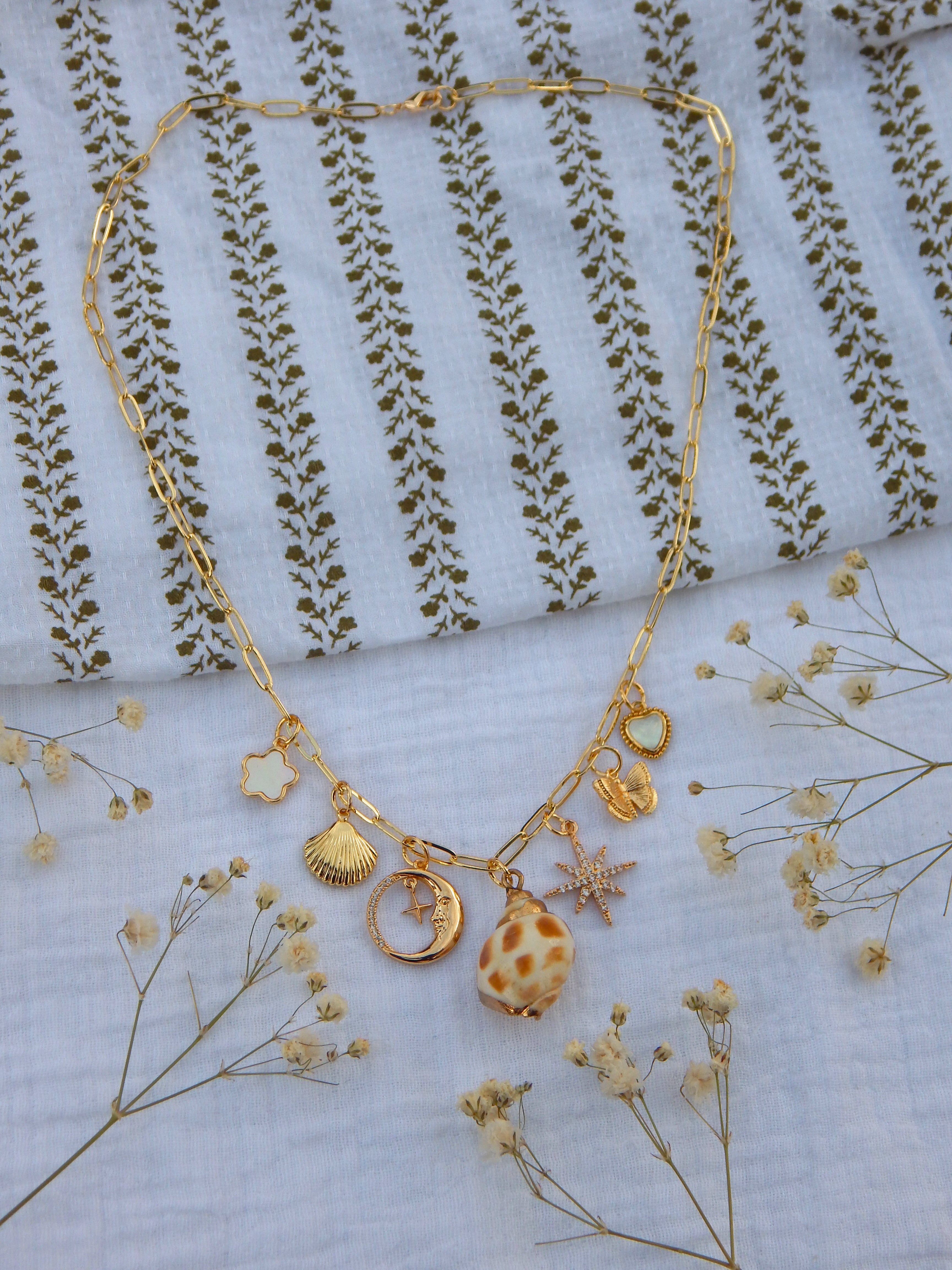 One-of-a-Kind Charm Necklace | Beachy Boho Charm Cluster | Seashell, Moon, CZ Star & Butterfly | 18” Gold Paperclip Chain