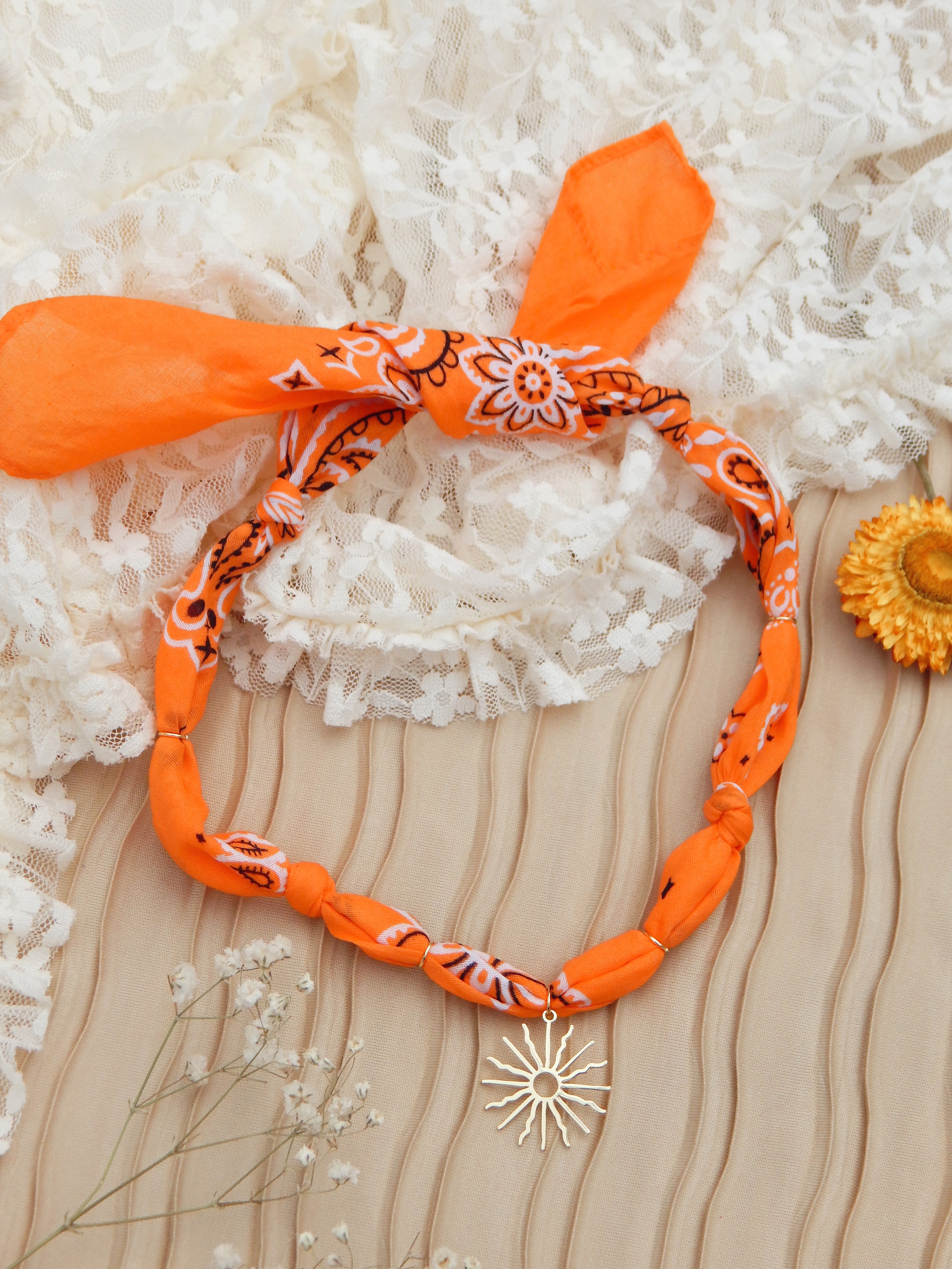 Sunburst Glow Bandana Charm Necklace – Adjustable 20” Max | 18k Gold Accent