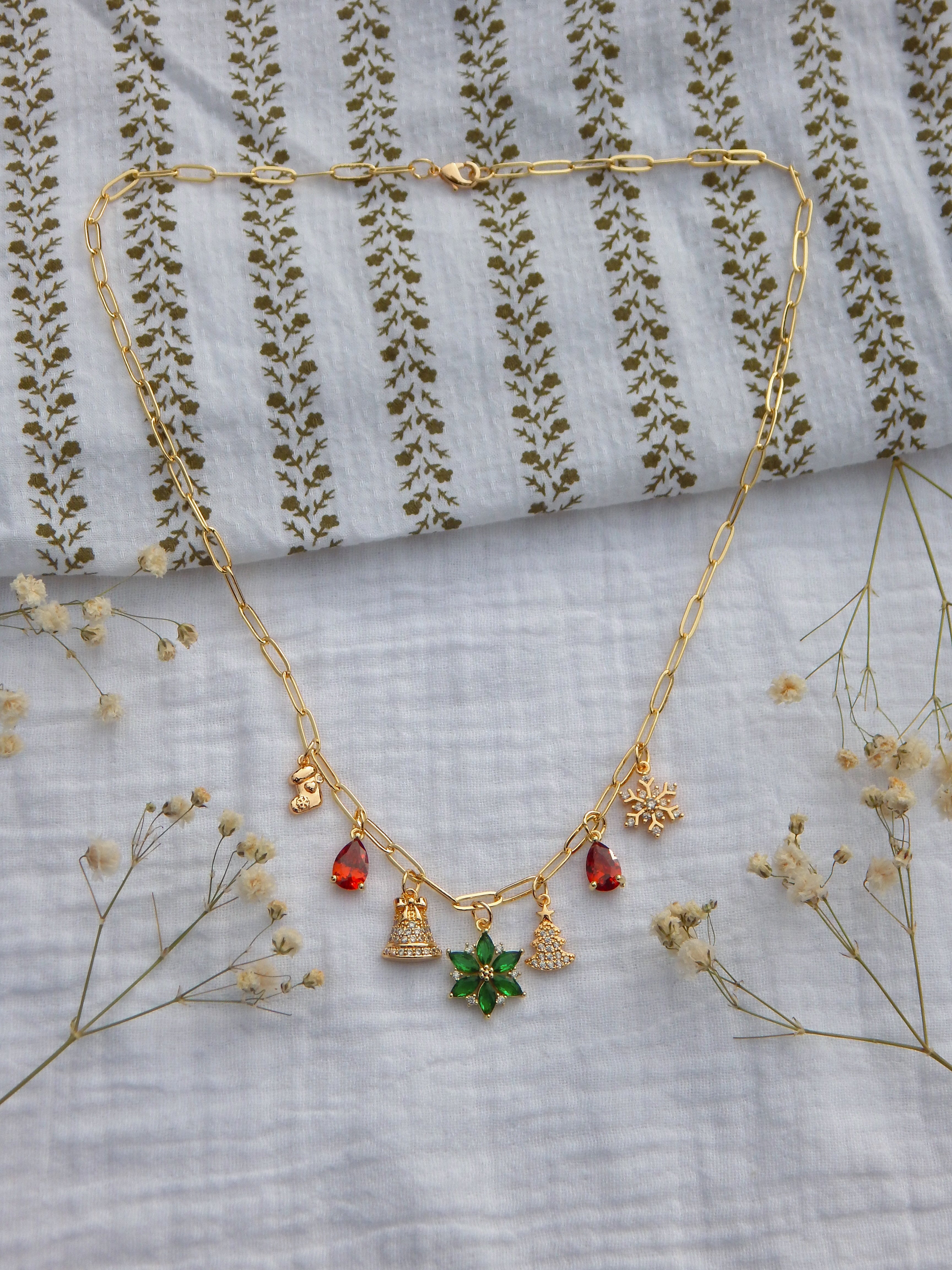 One-of-a-Kind Christmas Charm Necklace | Holiday Pendant Chain | CZ Snowflake, Poinsettia & Bell Charms | Festive Gold Christmas Jewelry
