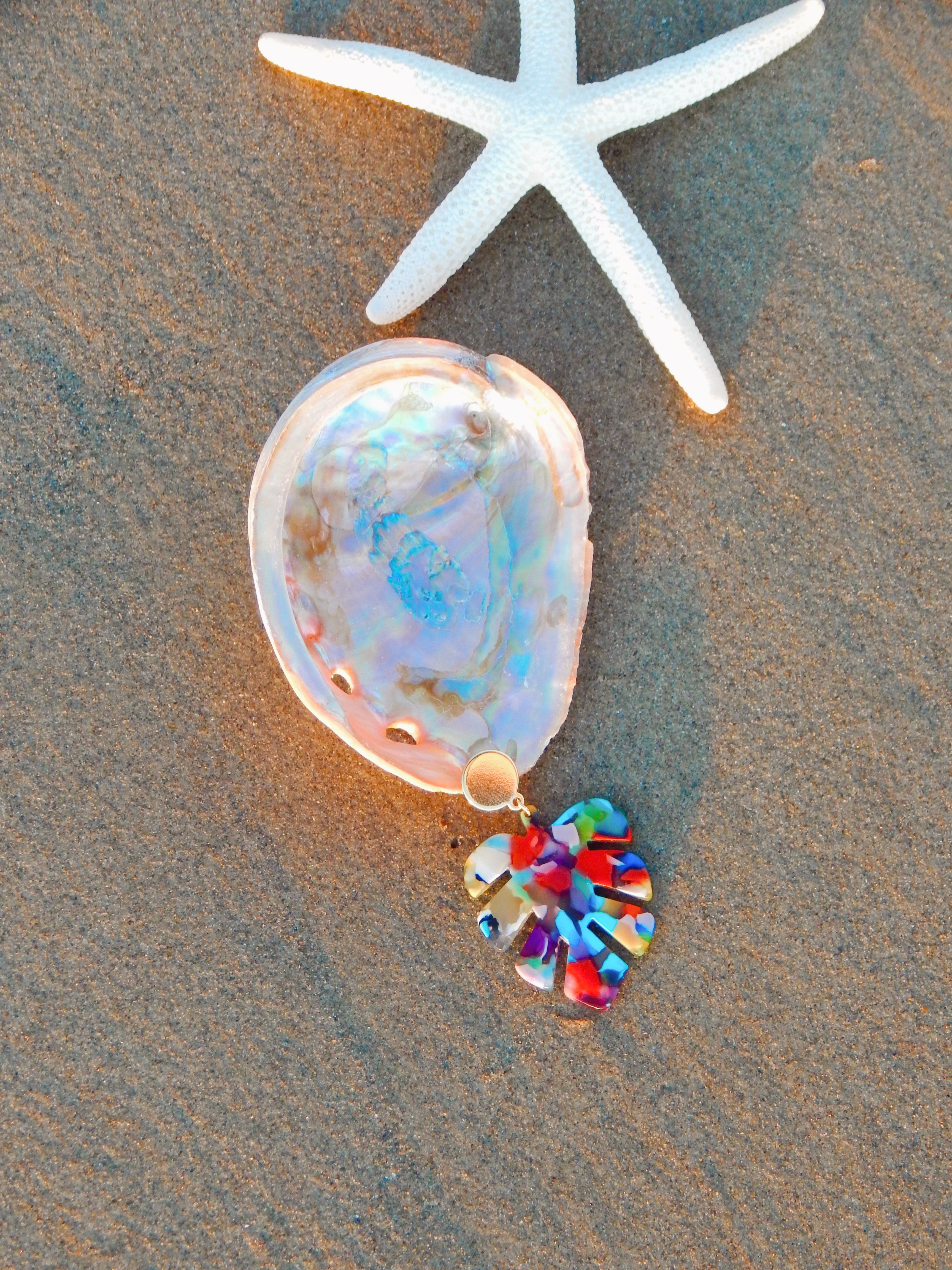 Rainbow Monstera Earrings – Bold Statement Gold Studs with Colorful Resin Leaf Design