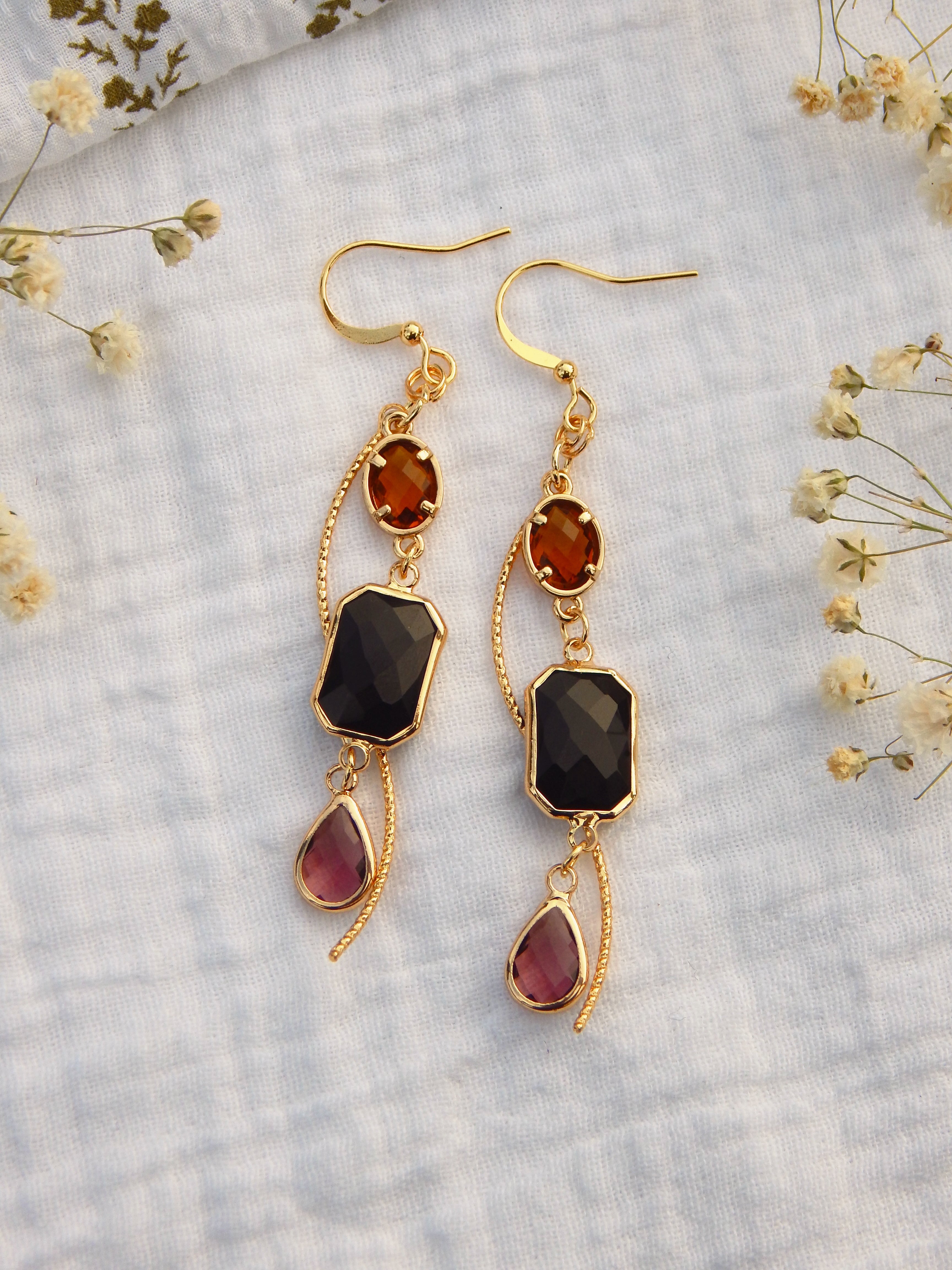 Midnight Ember Drop Earrings – Cubic Zirconia & Hardened Glass Gemstones