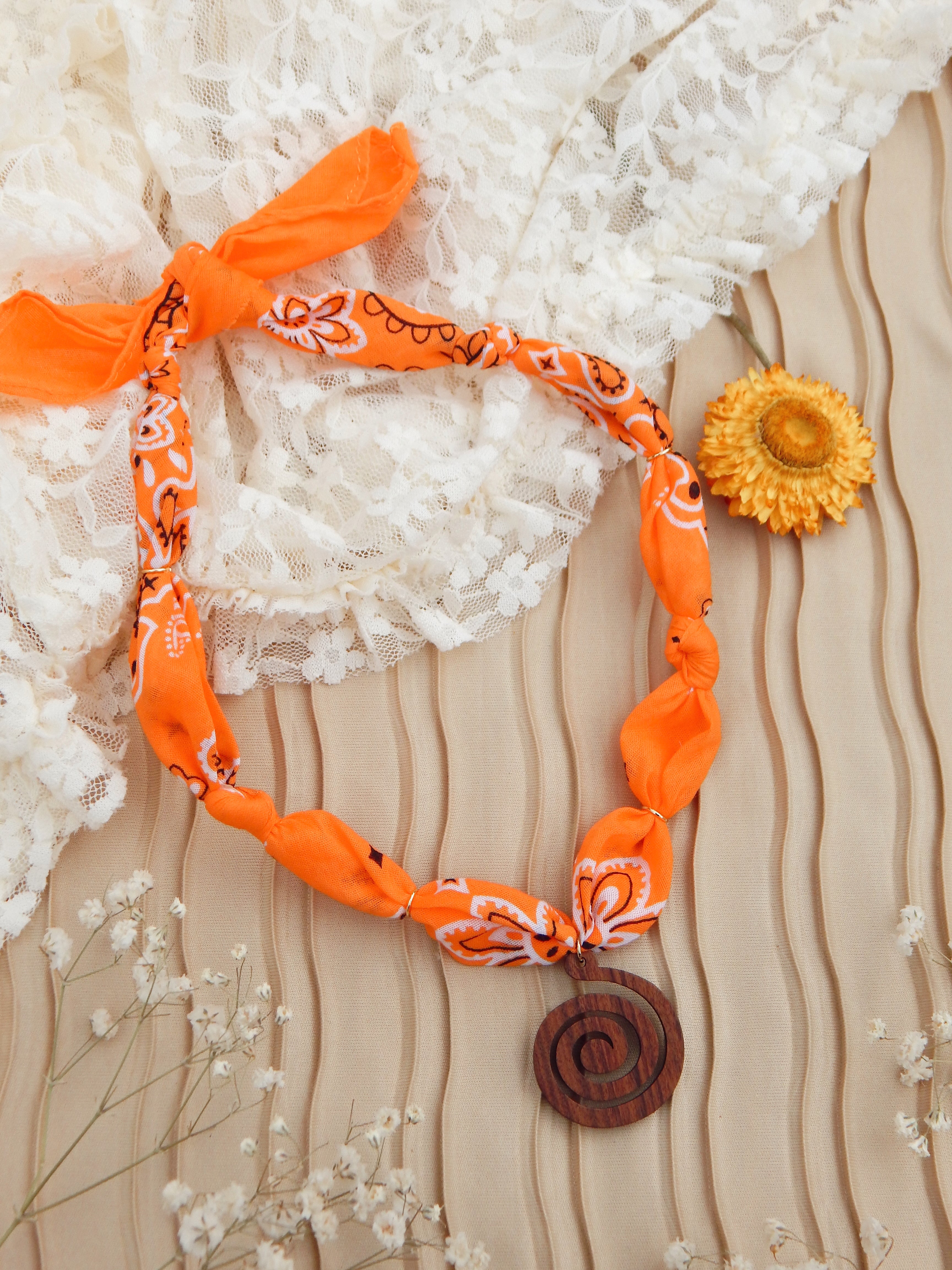 Spiral of Light Bandana Charm Necklace – Adjustable 20” Max | Natural Wood & Gold Accents