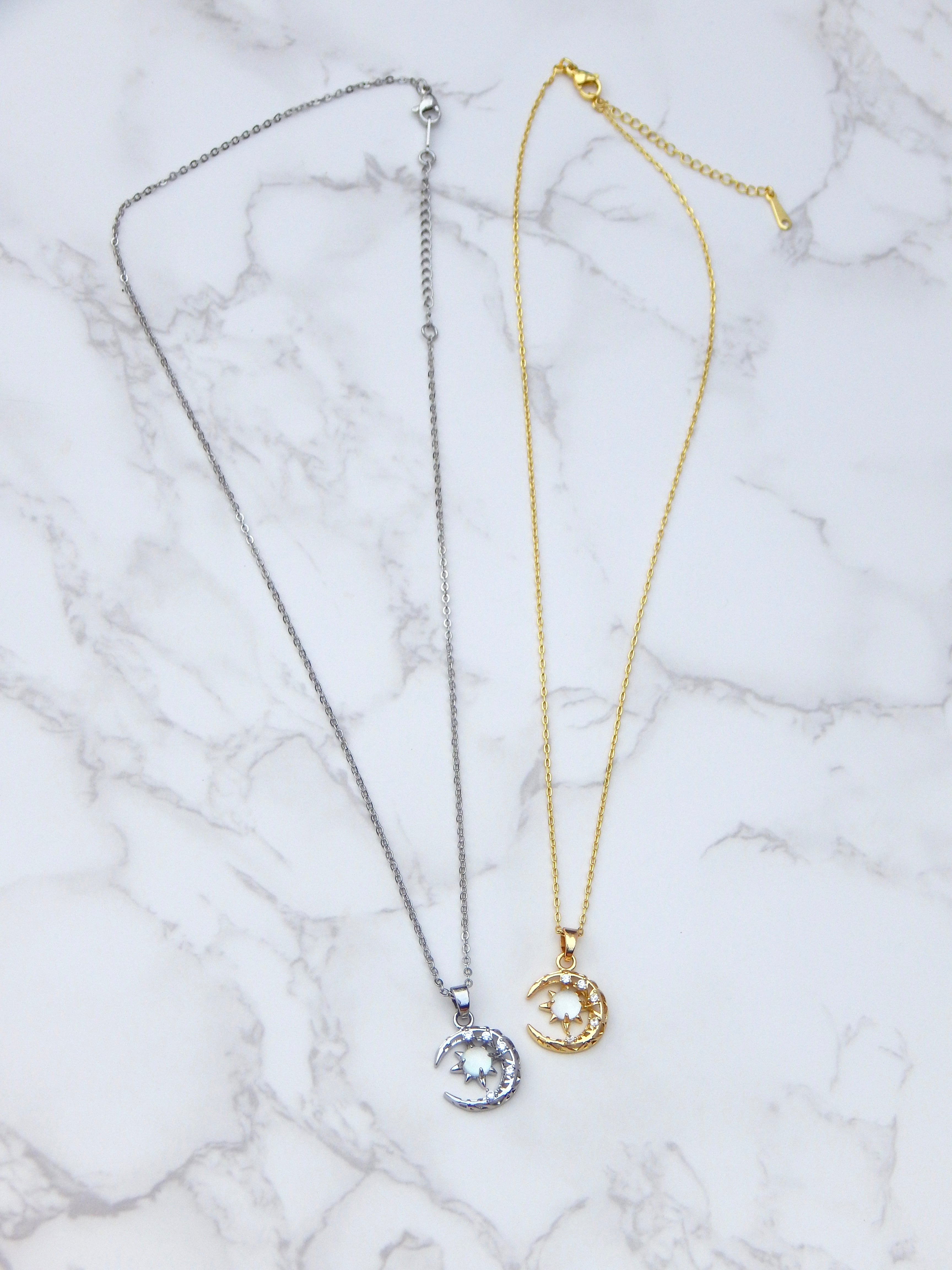 Cosmos Glow Necklace – Sun, Moon & Crystal Pendant in Silver or Gold
