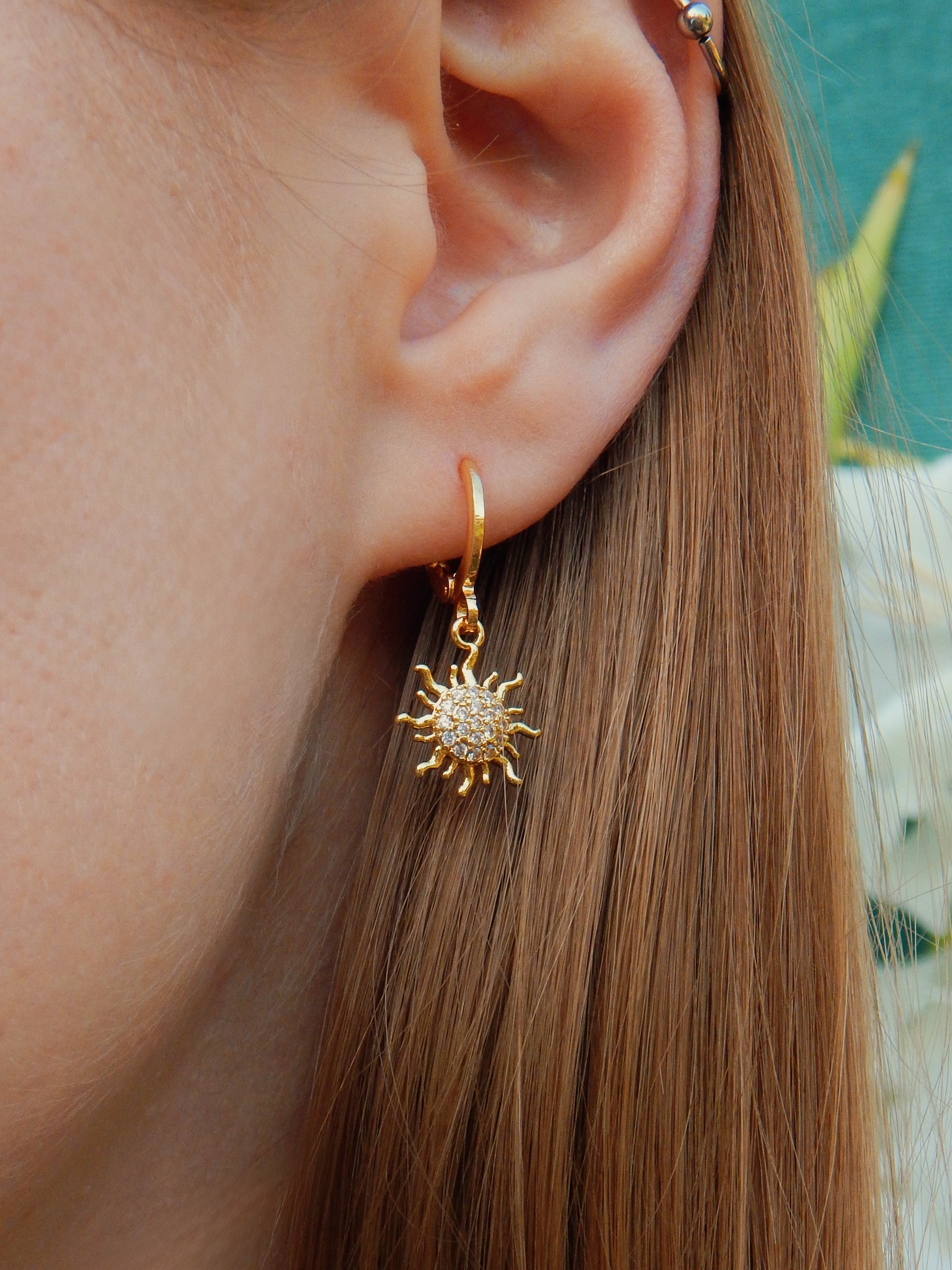 Dawn Earrings – Gold Sun Huggies with Cubic Zirconia Charm