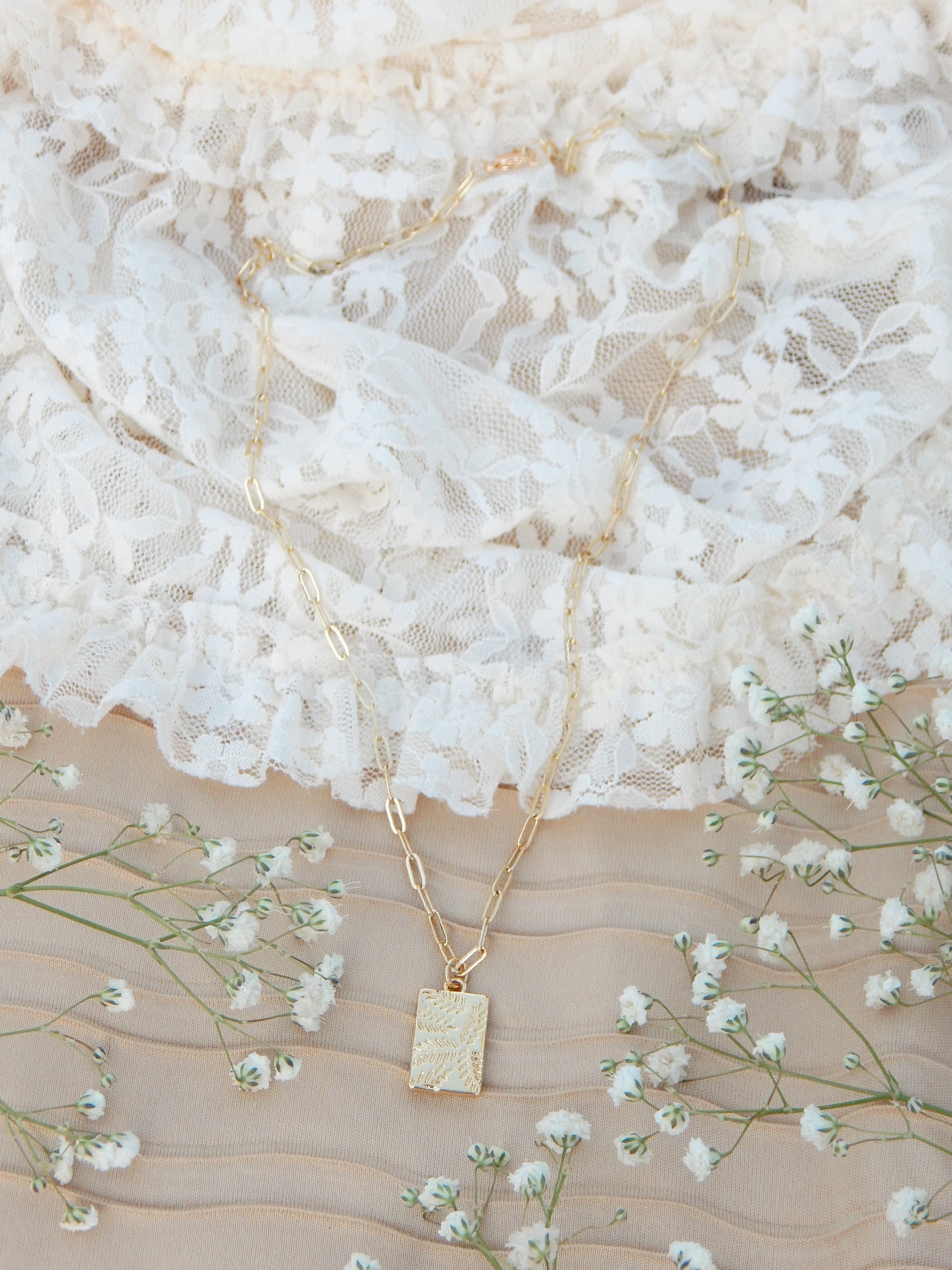 Imprint Leaf Necklace – Gold Rectangle Pendant on 18” Paperclip Chain