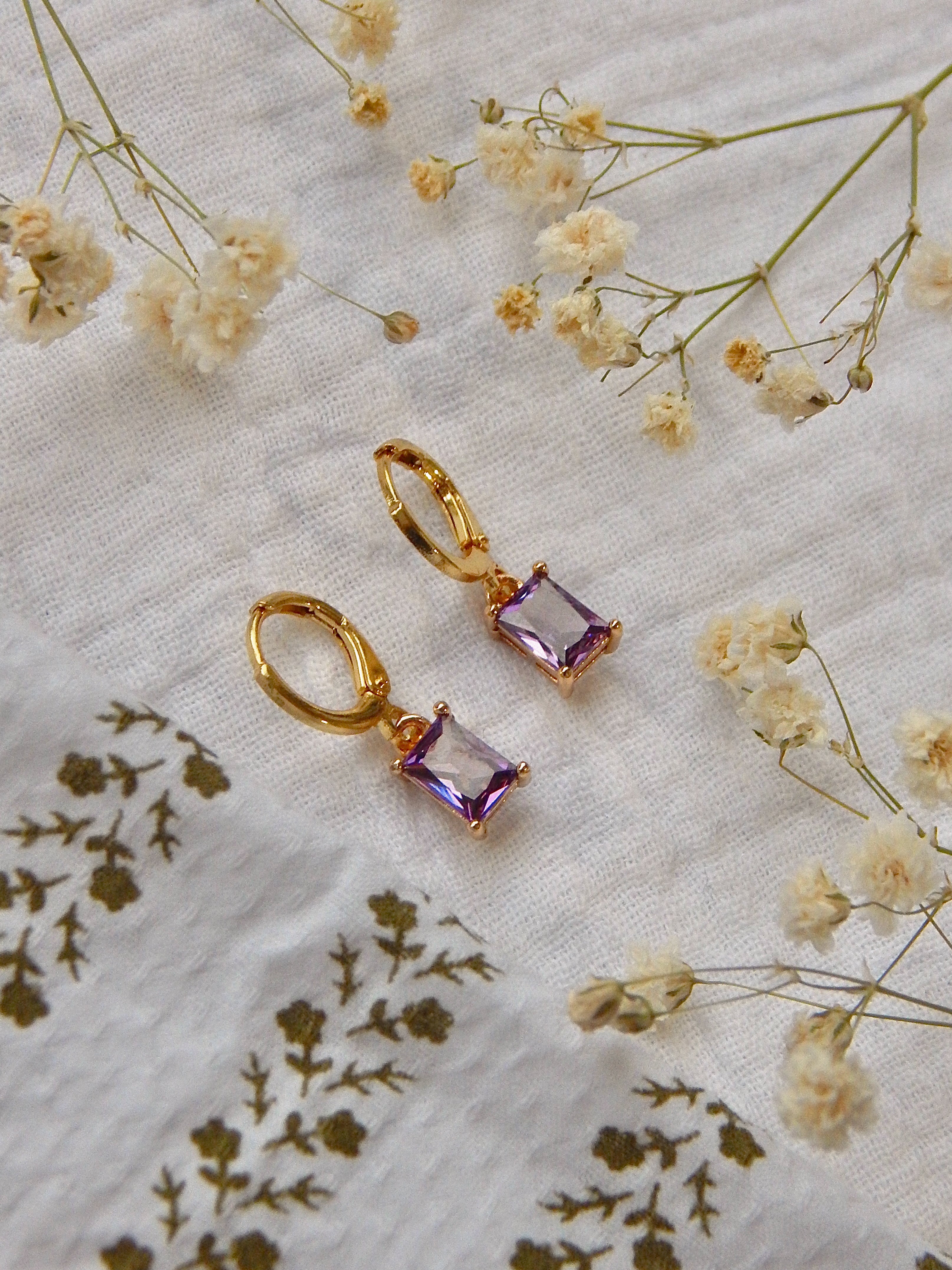 Purple CZ Rectangle Huggie Earrings – Gold Cubic Zirconia Drop Hoops | Lightweight Hypoallergenic Jewelry
