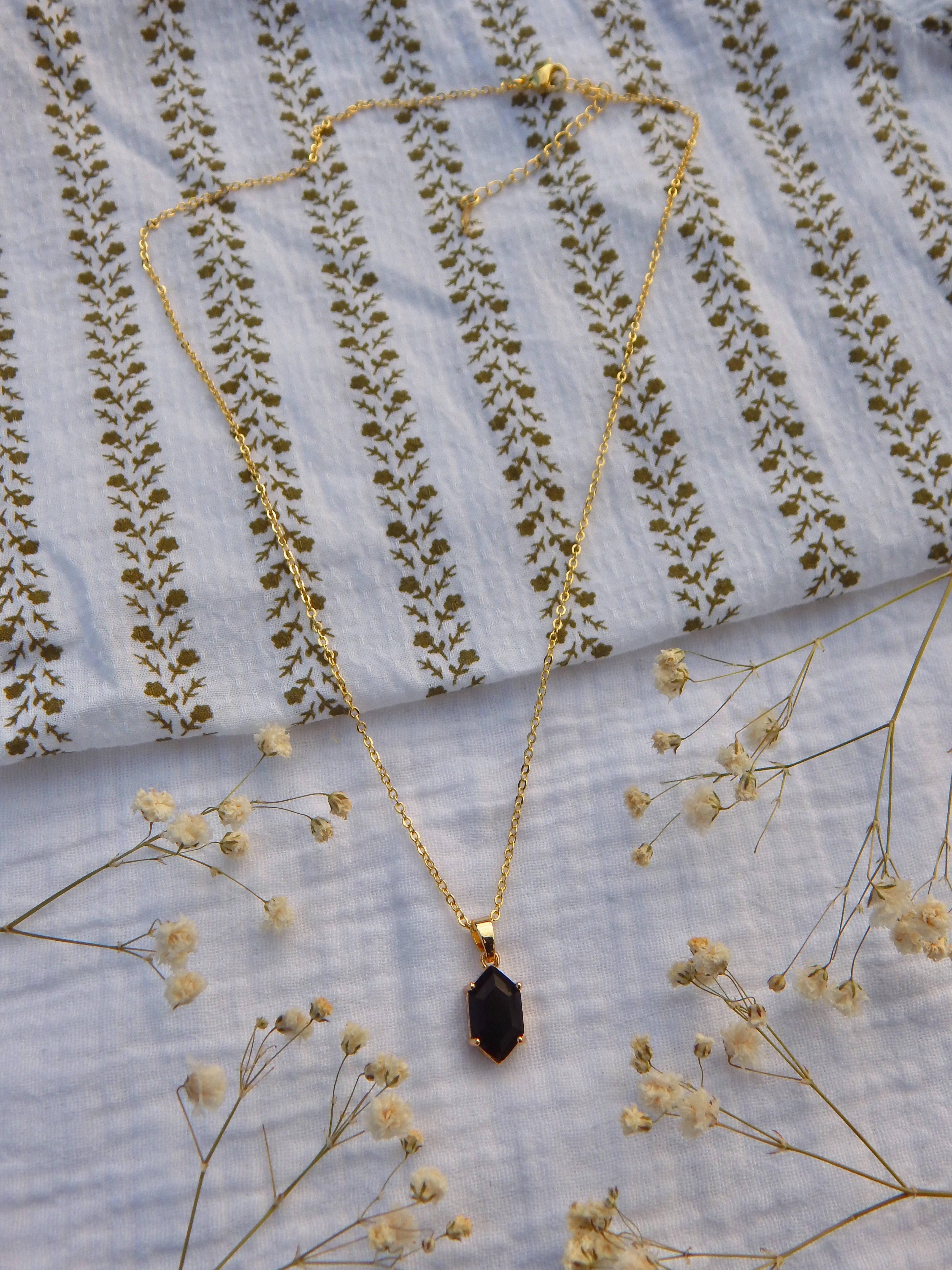 Black Hexagon Necklace | Hardened Glass Pendant | Dainty Hypoallergenic Jewelry