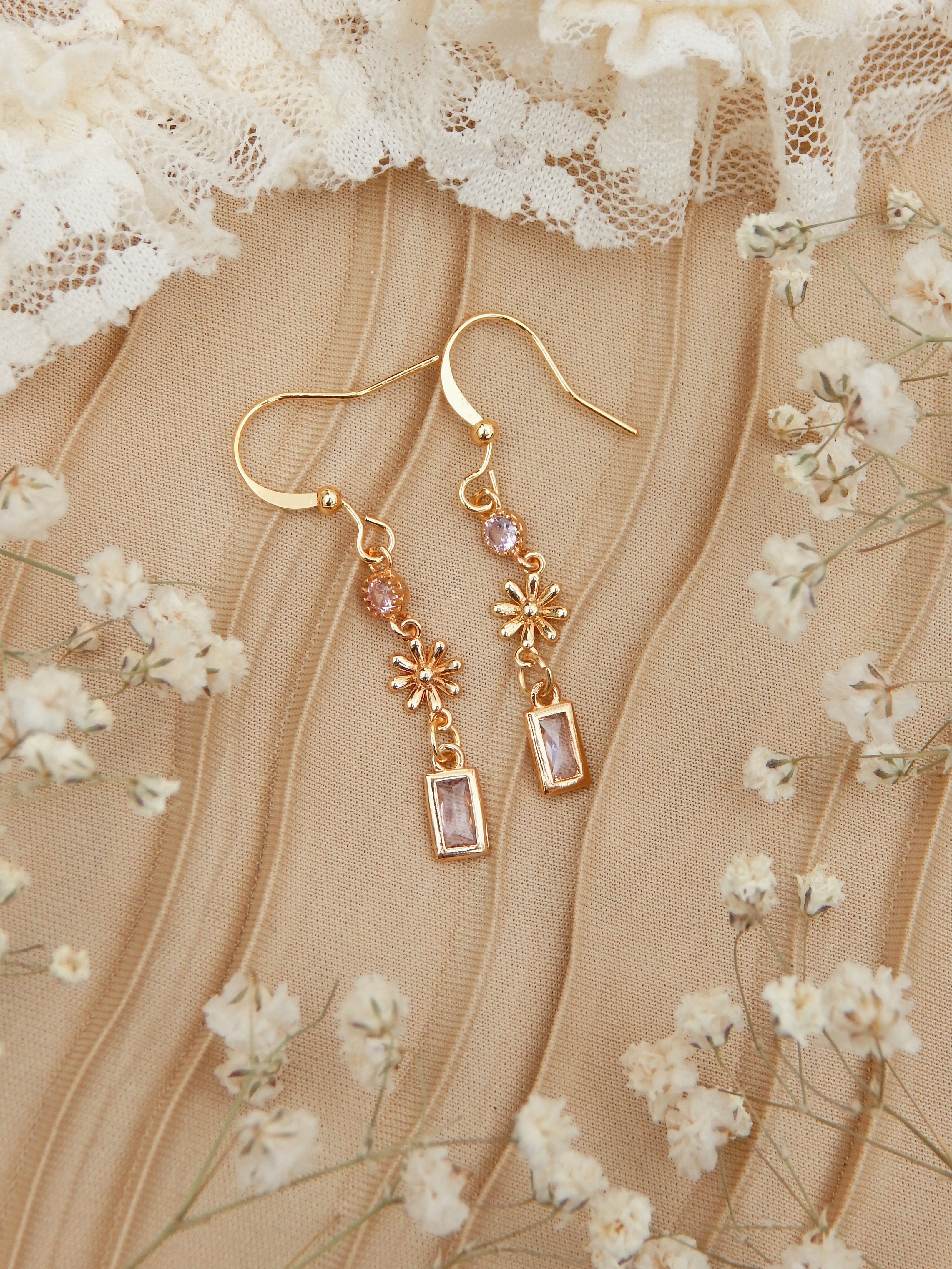 Blush Daisy Drop Earrings – 18k Gold Plated with Light-Pink Cubic Zirconia