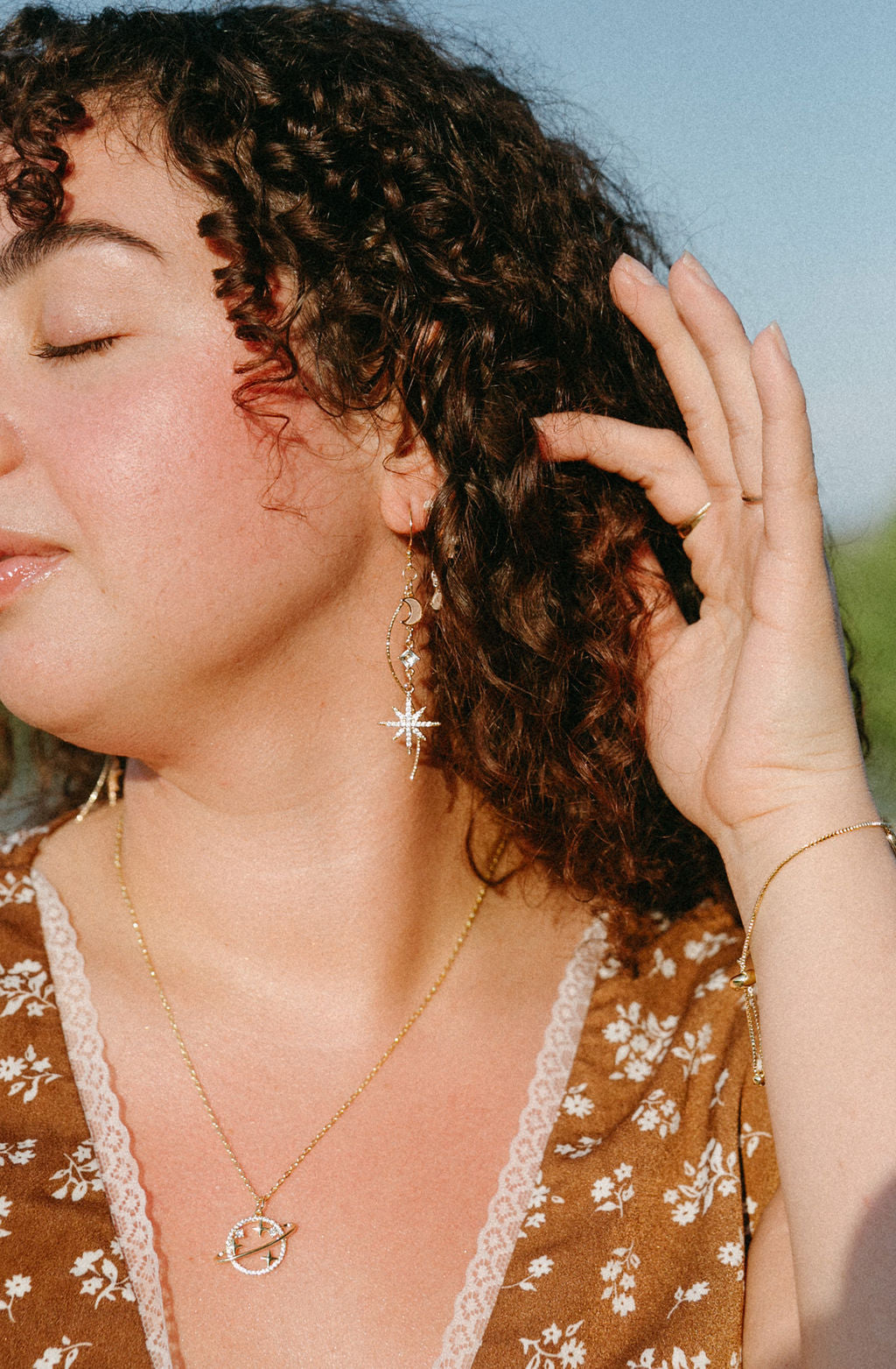 Celestial Cascade Earrings – Gold Star & Moon Dangles with CZ, Mother of Pearl & Twisted Bar Accent