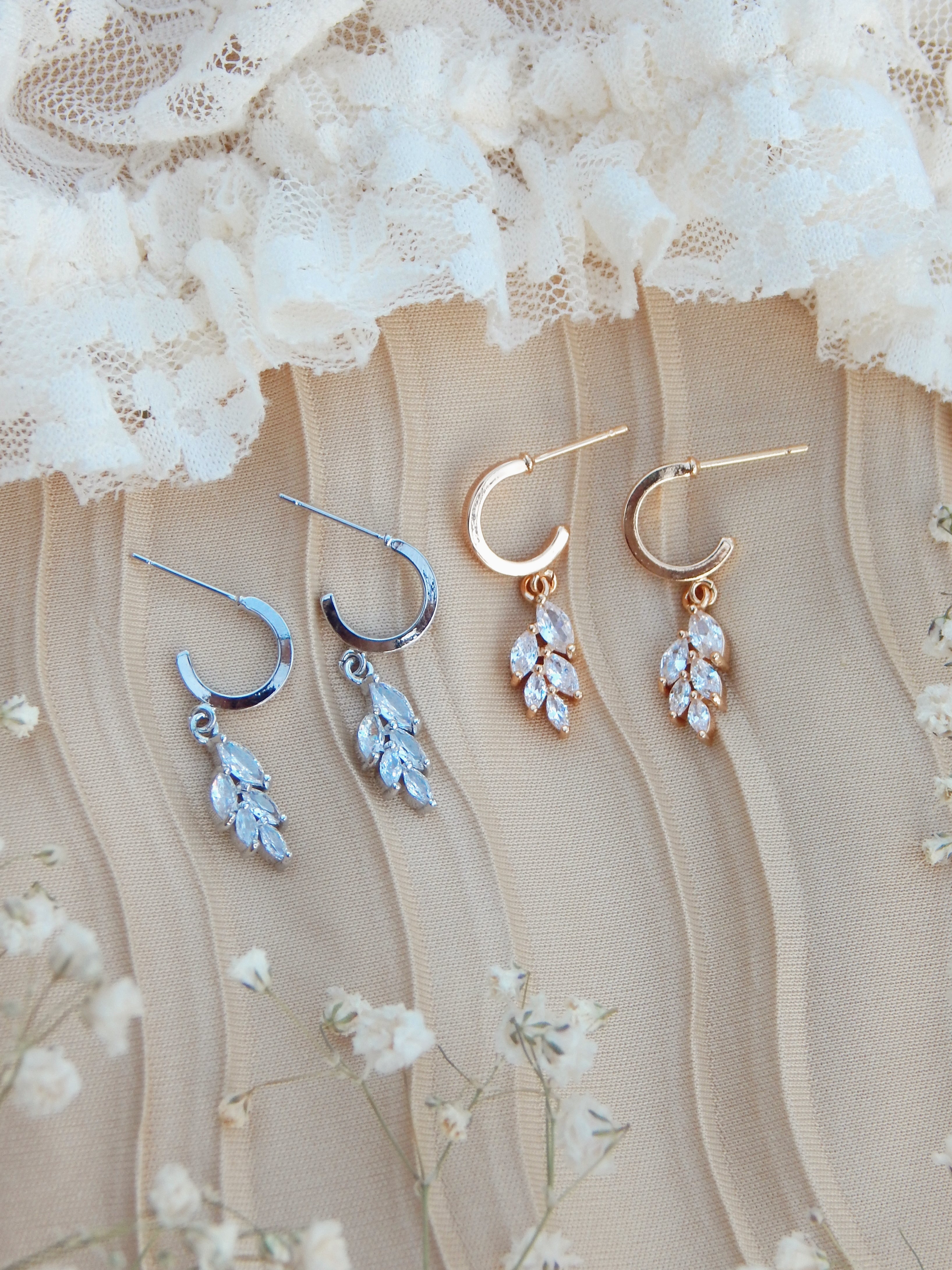 Dainty Vine Hoop Earrings – 18k Gold or Silver Cubic Zirconia Everyday Hoops