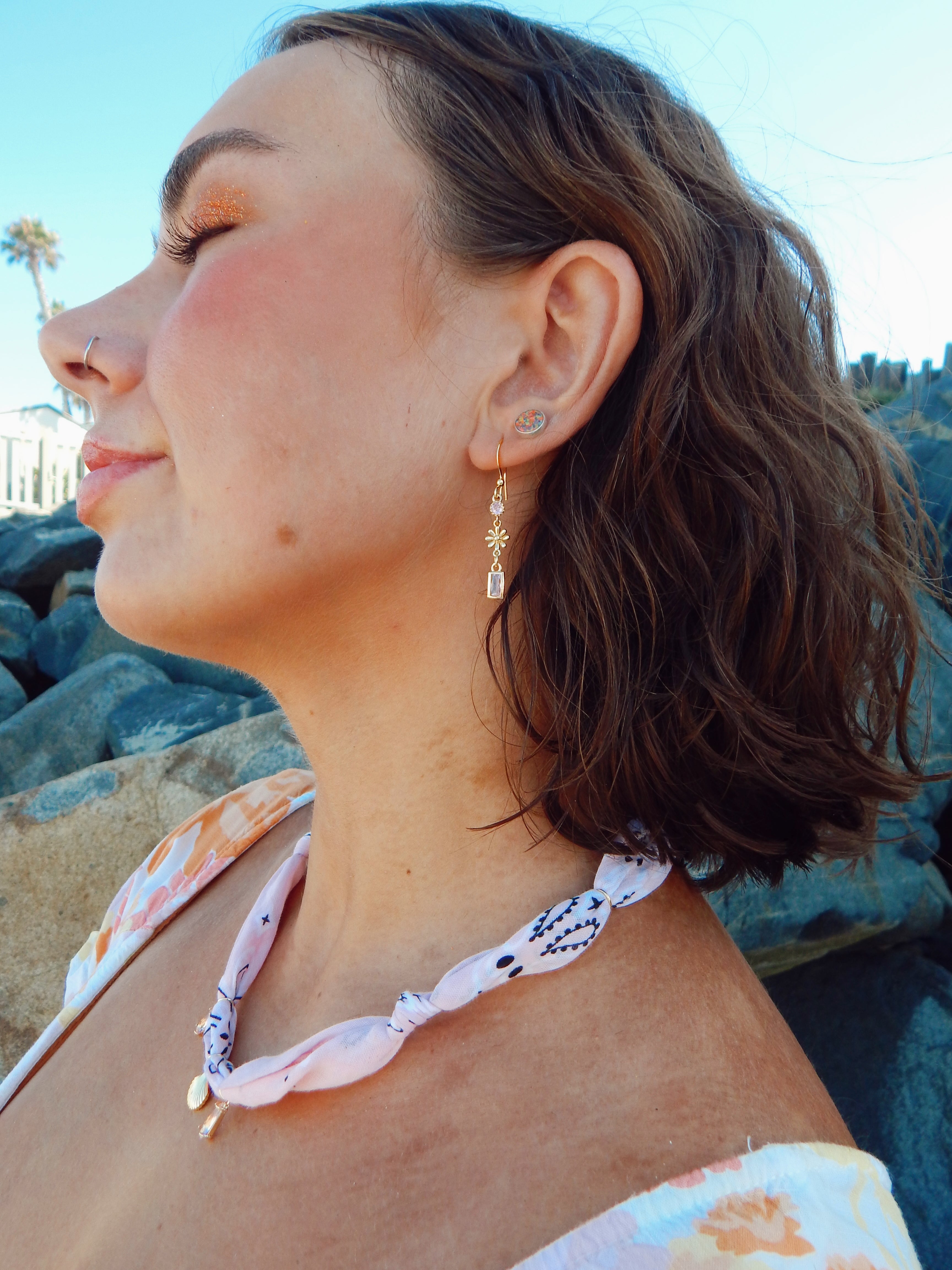 Blush Daisy Drop Earrings – 18k Gold Plated with Light-Pink Cubic Zirconia