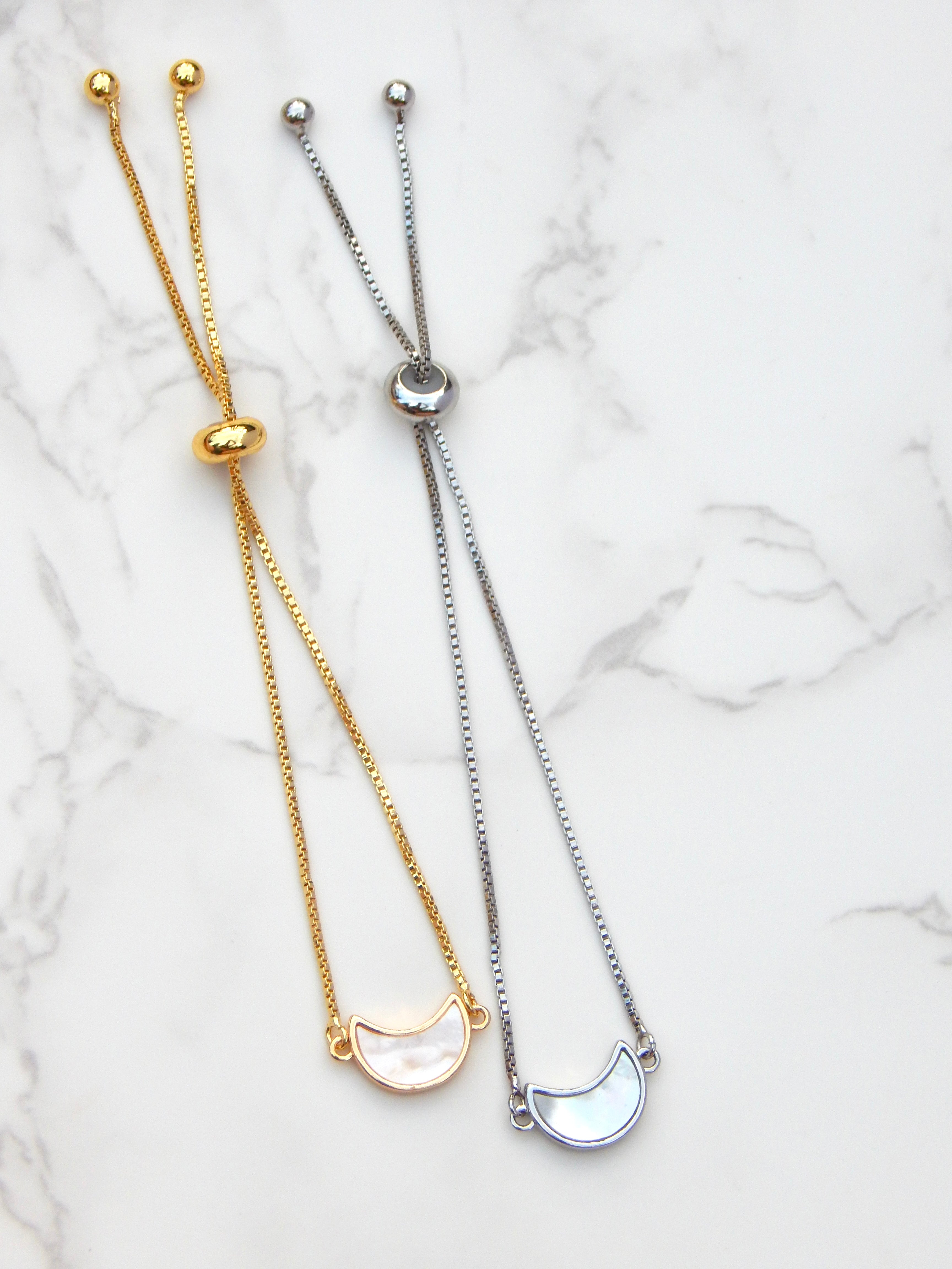 Moonlight Glow Bracelet – Mother of Pearl Moon Charm in Gold or Silver