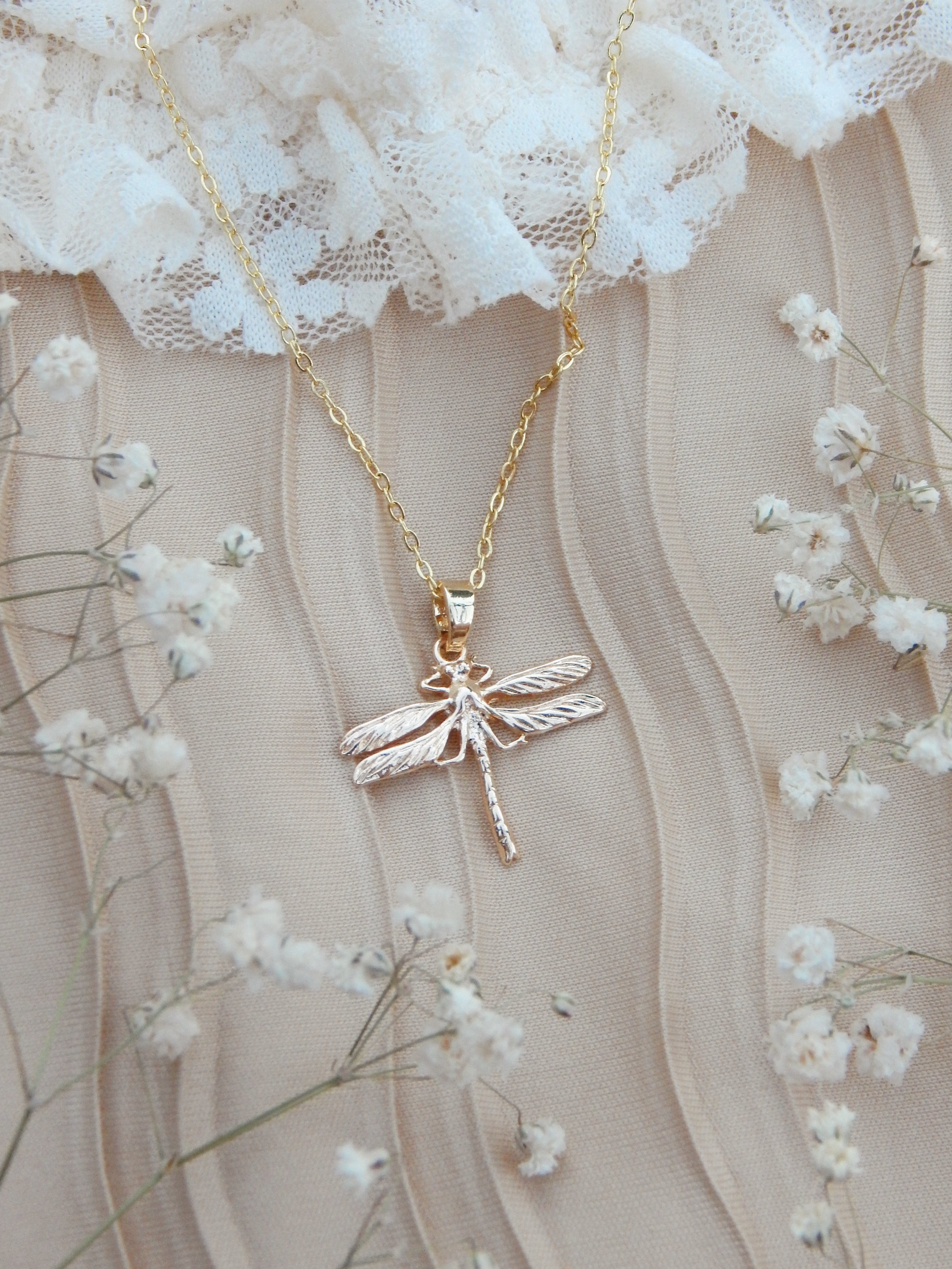 Gold Dragonfly Pendant Necklace – Boho Hippie Nature Jewelry