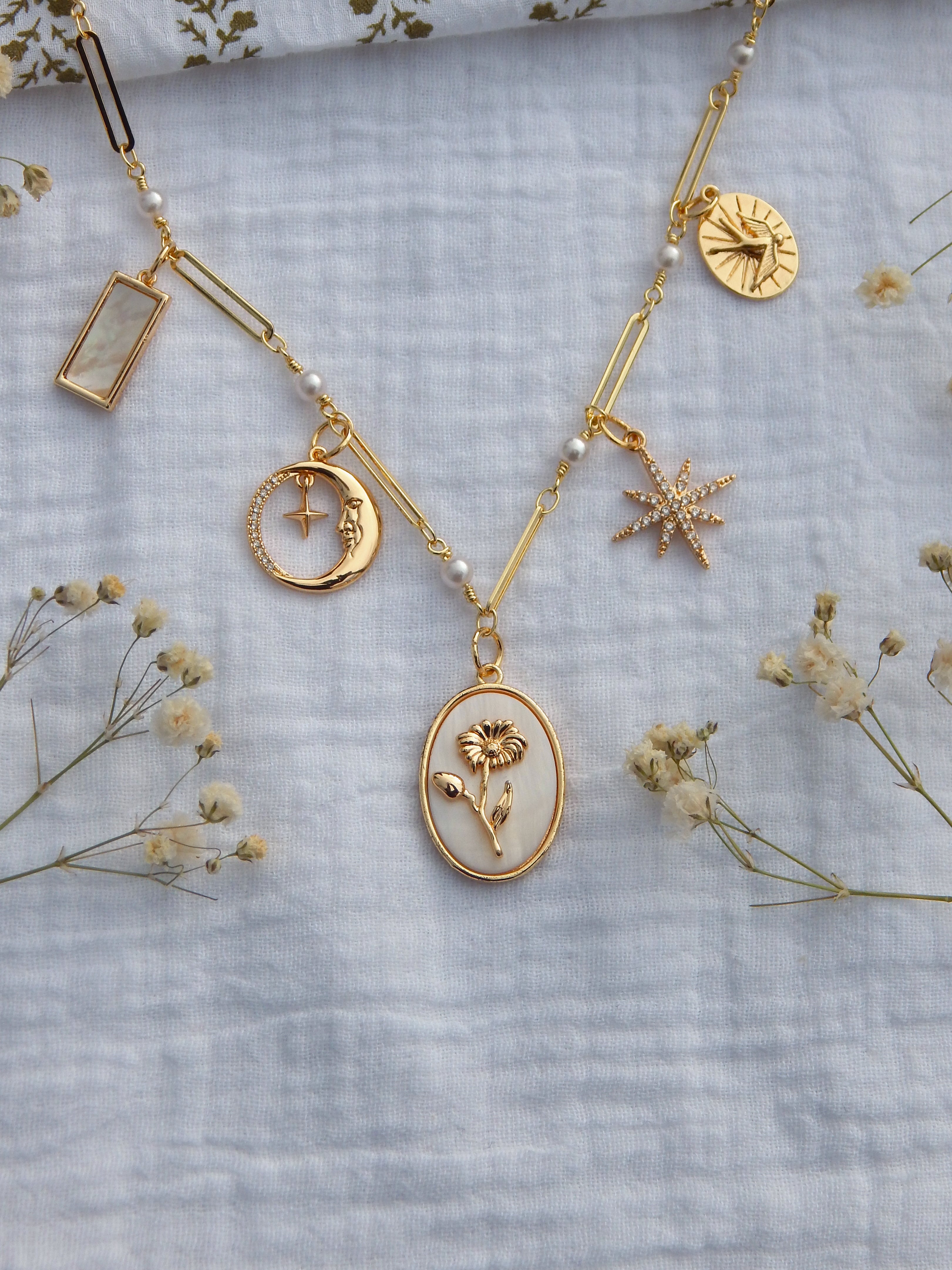 One-of-a-Kind September Birth Flower Necklace | Aster Flower Charm | Pearl & Paperclip Chain | Celestial Moon & Starburst | Gold Hypoallergenic Jewelry