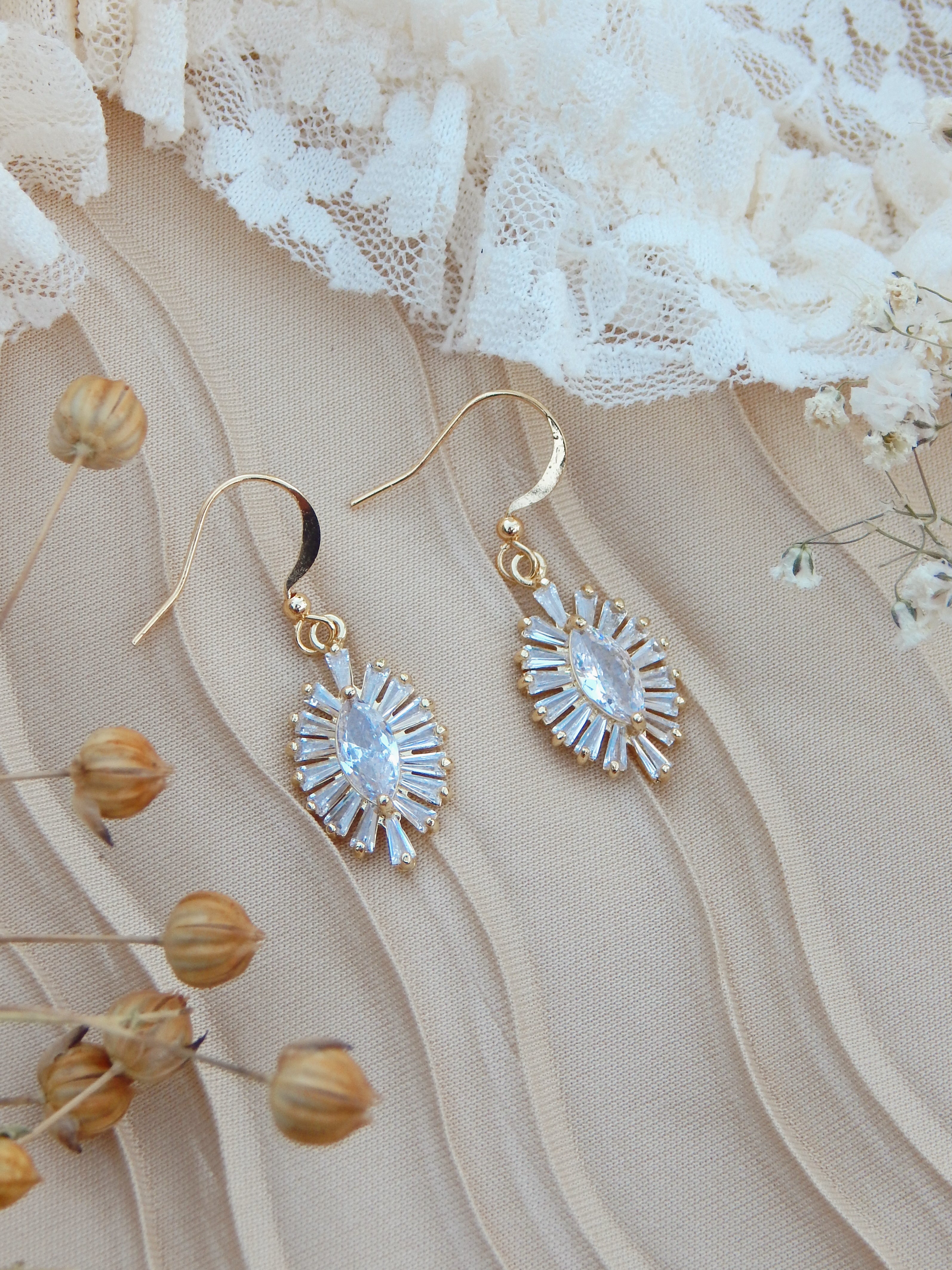 Ophelia Earrings – Gold Elongated Sunburst Drop Earrings with Cubic Zirconia
