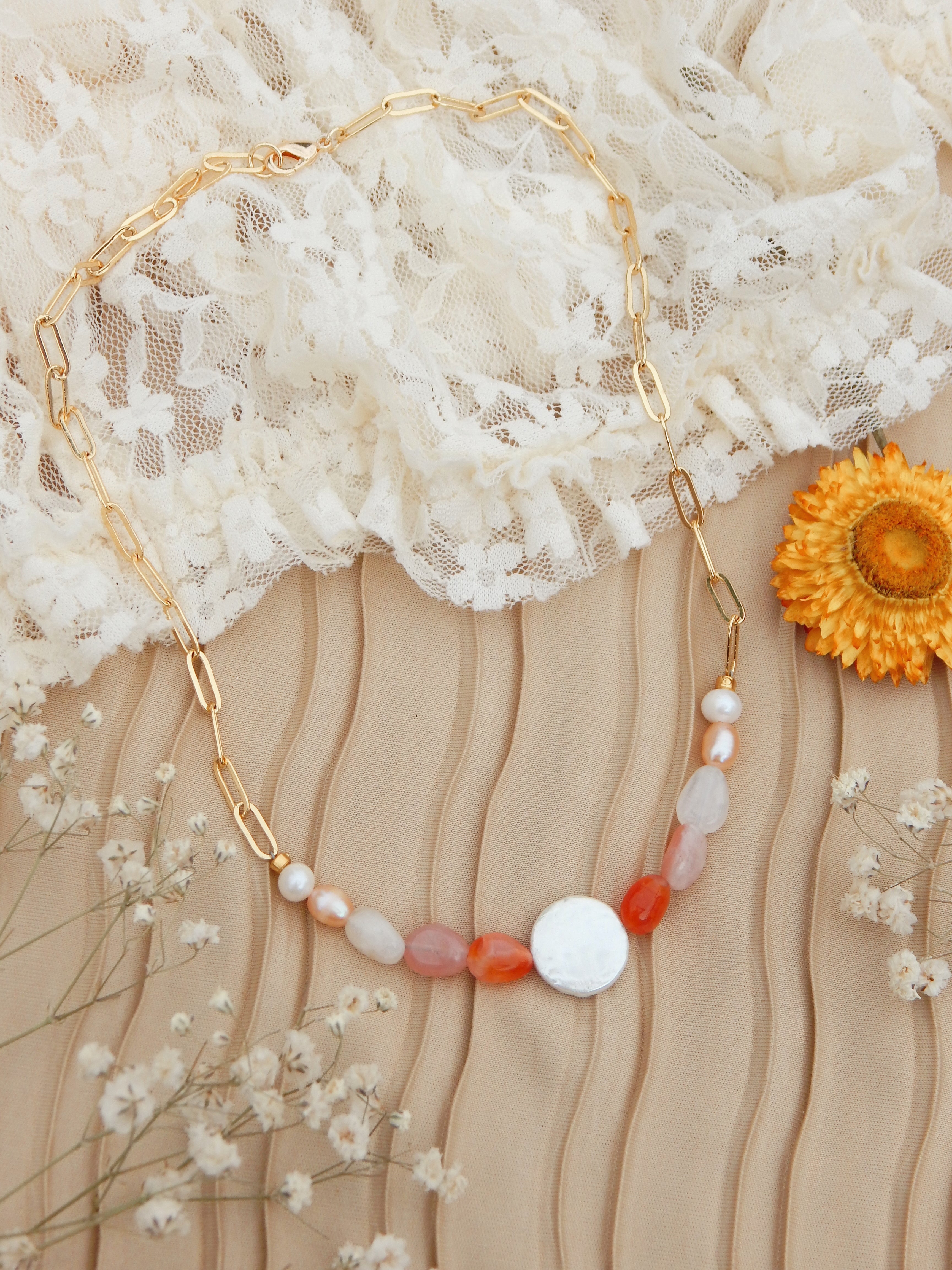 Sunset Soul Necklace – Gold Chain with Freshwater Pearls and Orange Pink Gemstones