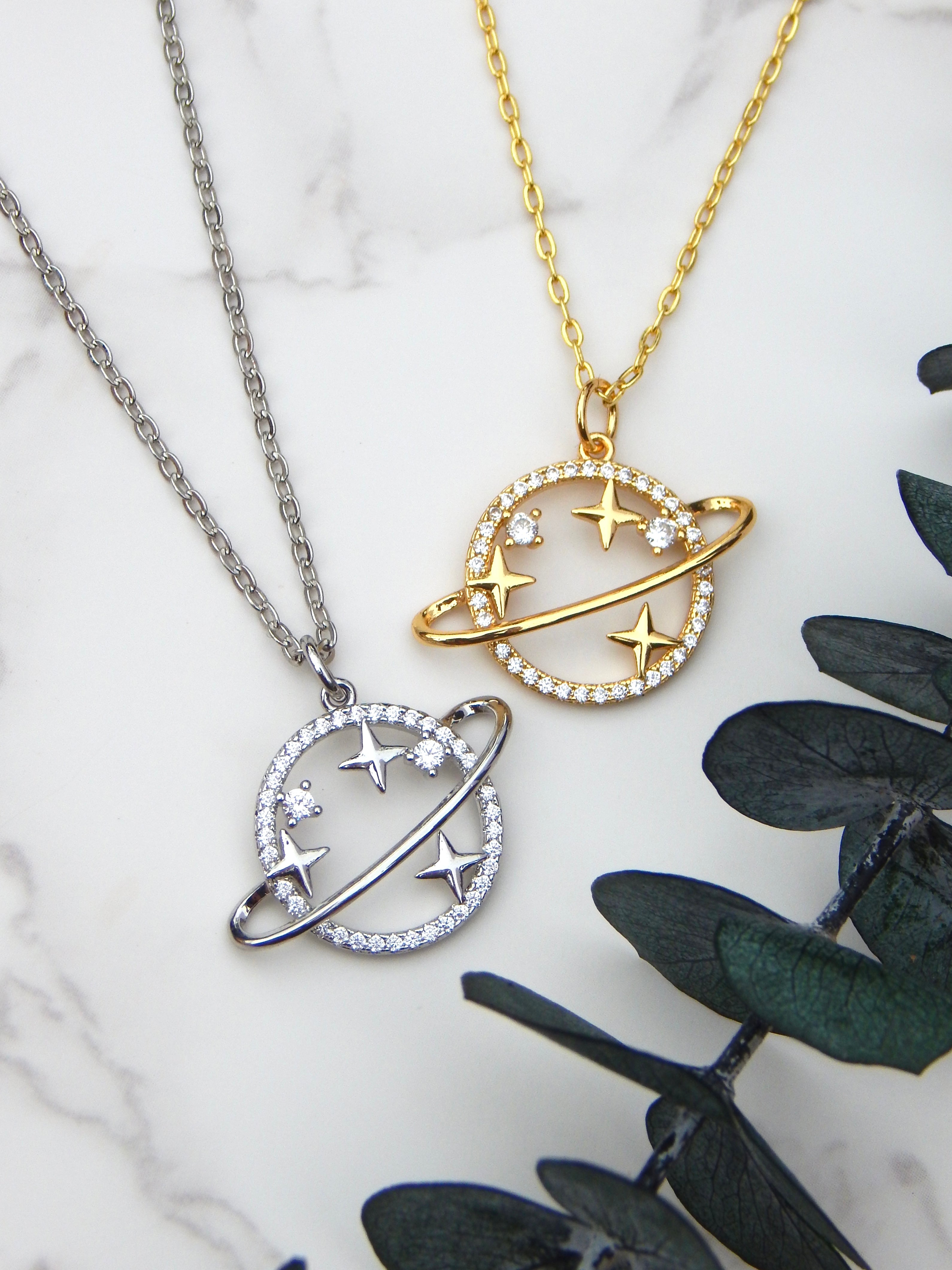 Saturn Necklace – Dainty Celestial Planet Pendant in Gold or Silver